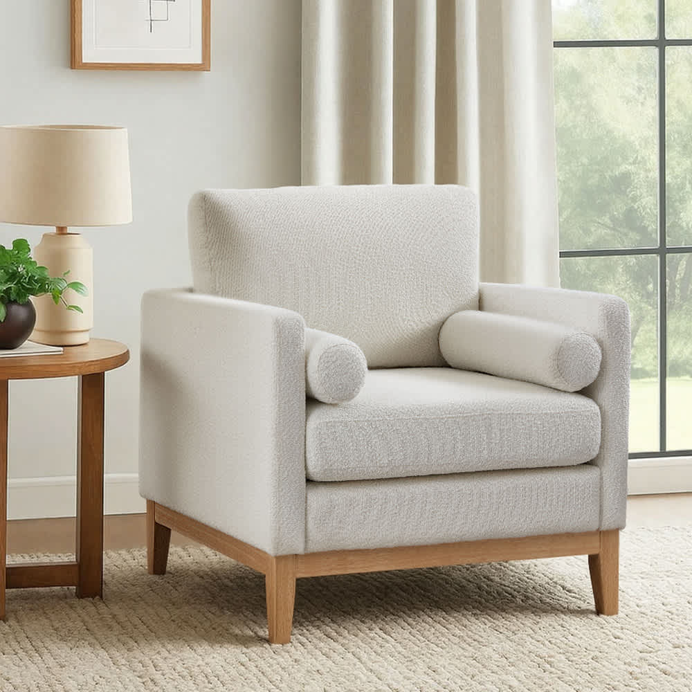 Coolbibila Modern Farmhouse Accent Chair with Wooden Legs and Ivory Cushion Reading Armchair for Living Room