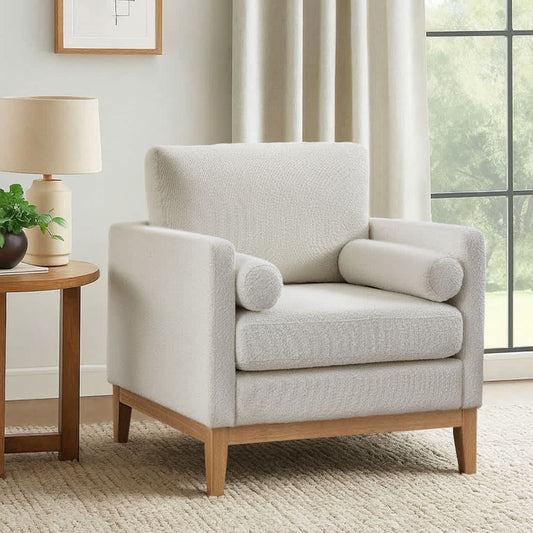 Coolbibila Modern Farmhouse Accent Chair with Wooden Legs and Ivory Cushion Reading Armchair for Living Room