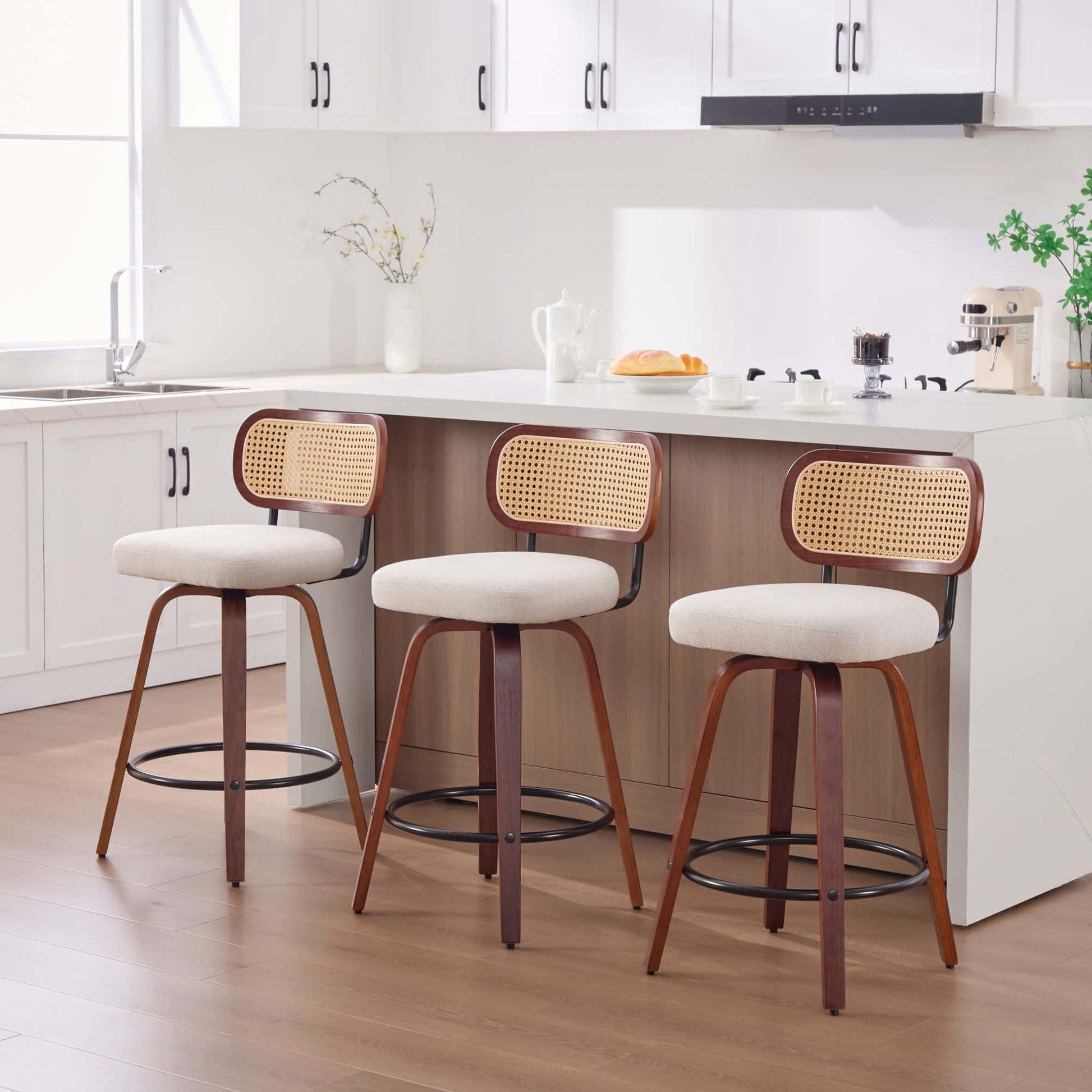 Vynxaria  Set of 3 26 Inch Counter Height Bar Stools Walnut Black Cane Rattan Back Beige Linen Seat 360 Swivel Sturdy Wooden Legs for Kitchen Island