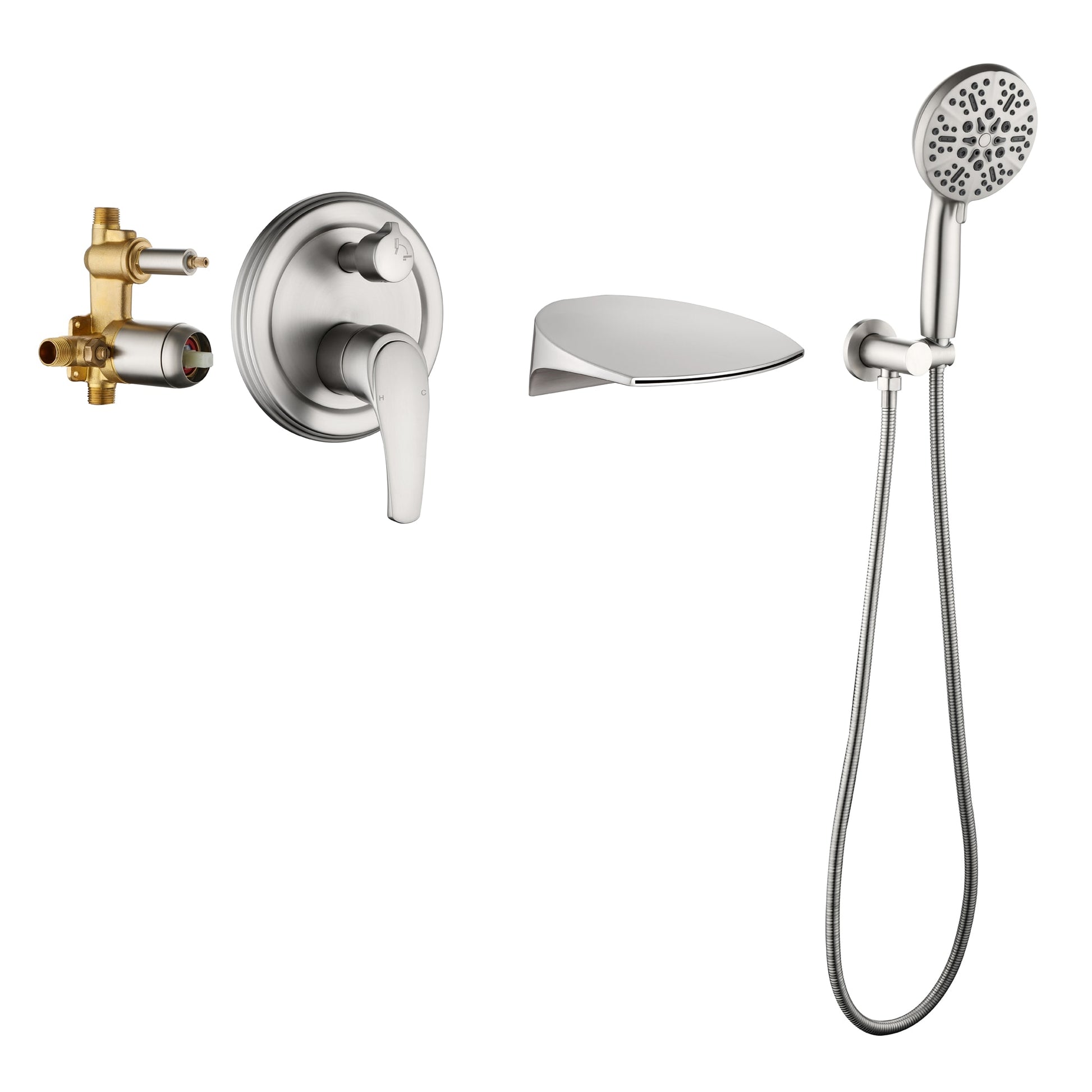 Clihome Bathtub and Shower Faucet Set Brushed Nickel 1-handle Wall-mount Waterfall Bathtub Faucet with Hand Shower ( Valve Included )