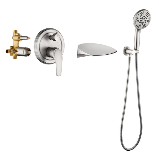 Clihome Bathtub and Shower Faucet Set Brushed Nickel 1-handle Wall-mount Waterfall Bathtub Faucet with Hand Shower ( Valve Included )