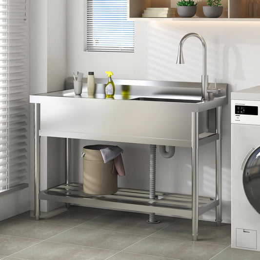 Garvee Ergonomic Kitchen Sink /  Comfort/ Grip Rim Stainless Steel Easy/ Drain Design/ Stainless Steel Utility Sink/ Freestanding Single Bowl Kitchen Sink with Hot / Cold Water Faucet/ Pull/ Out Hose/ No wheels