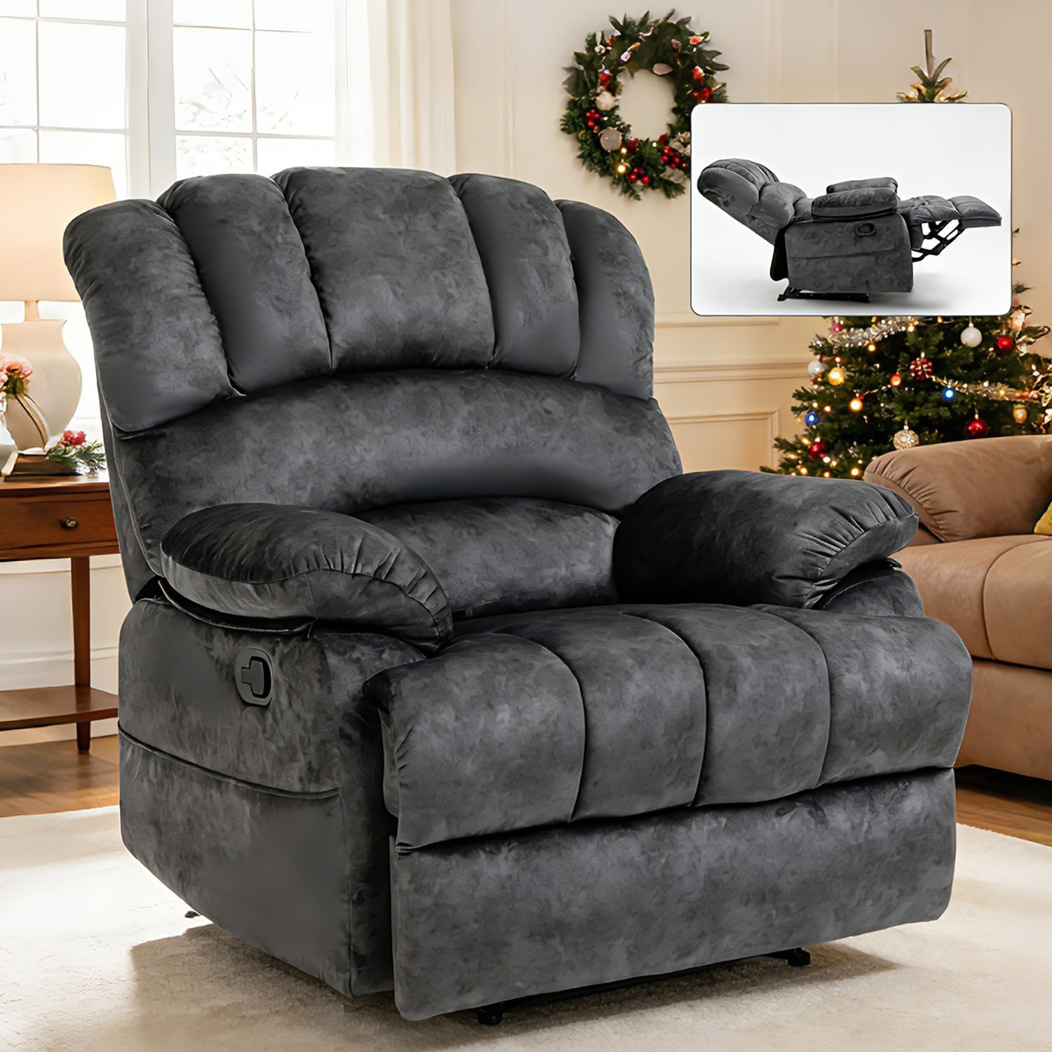 GZMR Large Manual Recliner Chair Dark Gray Velvet Upholstered Recliner
