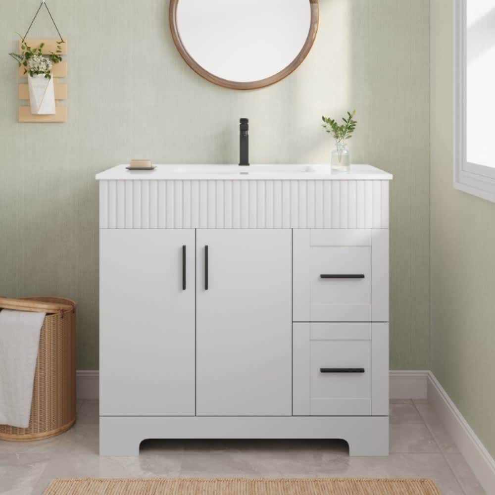 U-HOMY 36 inch Single Bathroom Vanity with Ceramic Top and Faucet-Brown