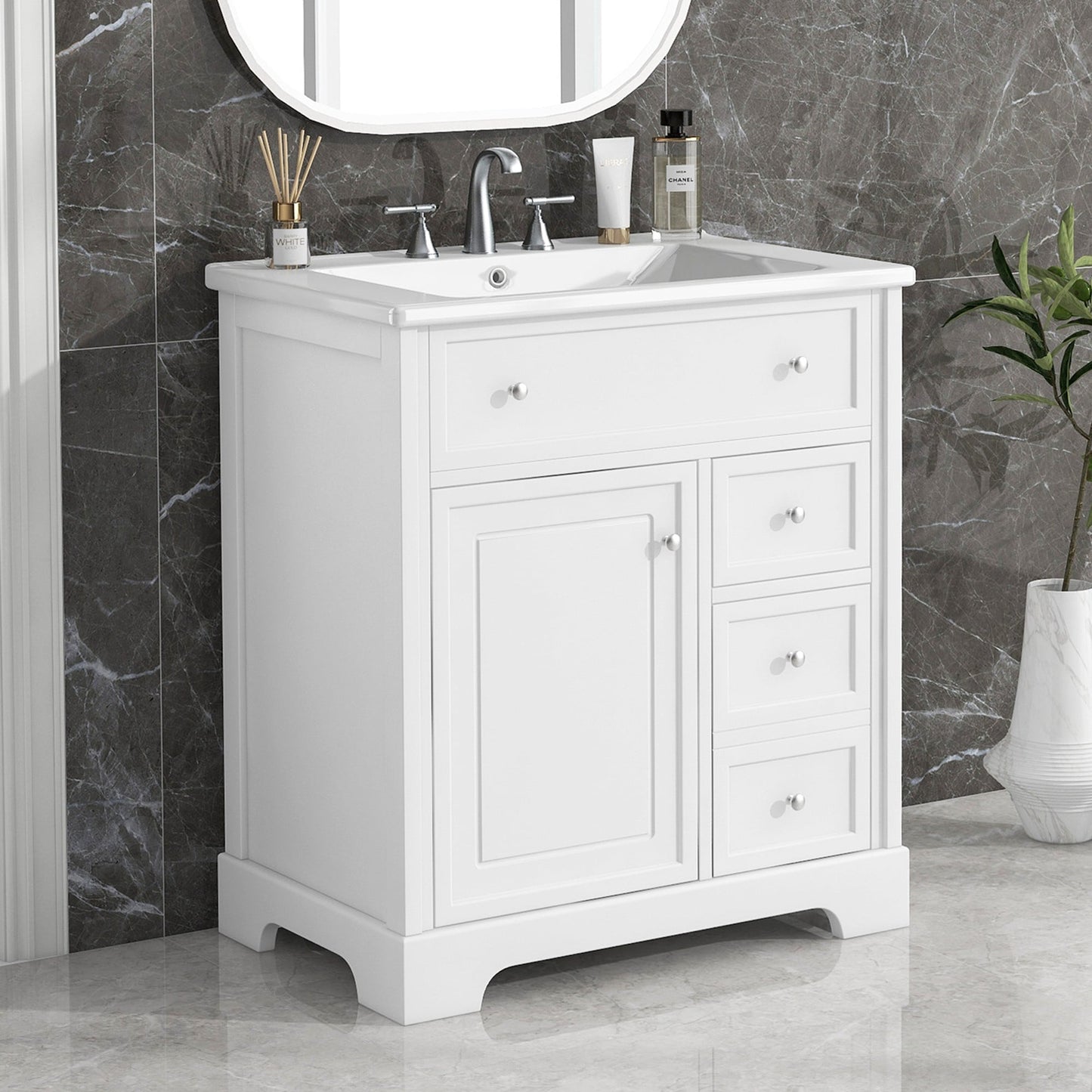 Dexmalle  30-in White Elegant Freestanding Single Sink Bathroom Vanity with White Ceramic Top and Drawers