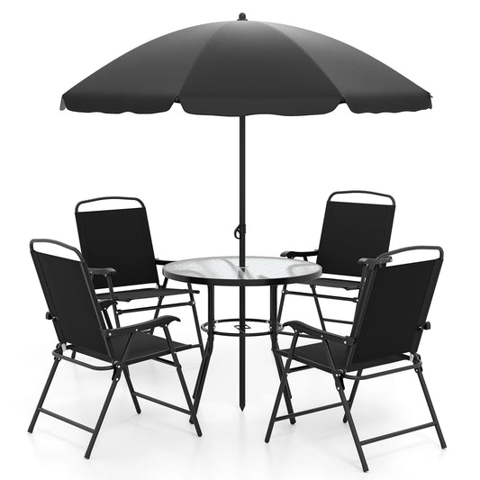Iseryn Dining Set 6 -Piece Black Patio Dining Set Steel Round Table with 4 Black Stationary Chairs and Umbrella Included