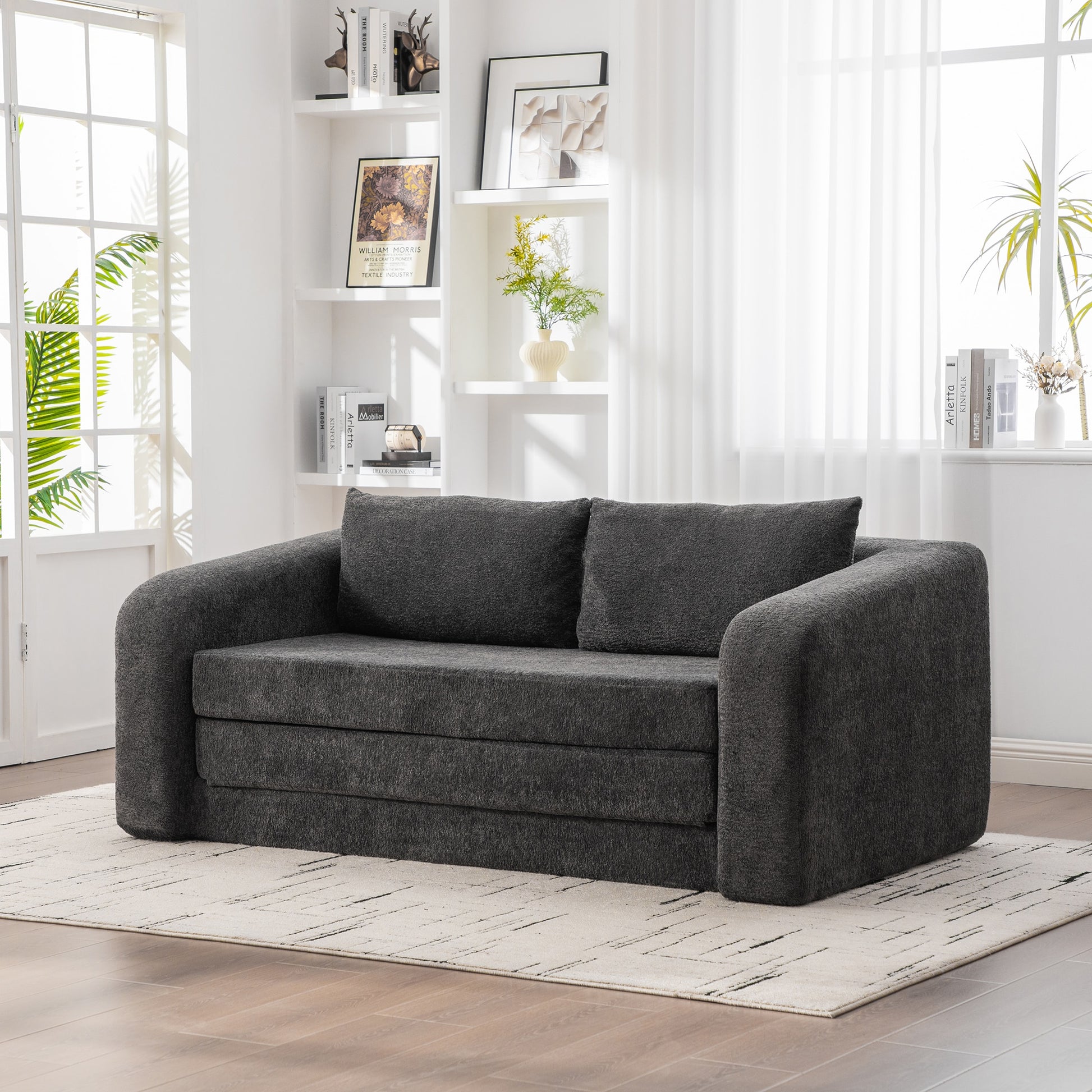 LOVMOR 71 Inch 2 in 1 Foldable Loveseat Sofa Bed Armrest Pillows Chenille Convertible Gray