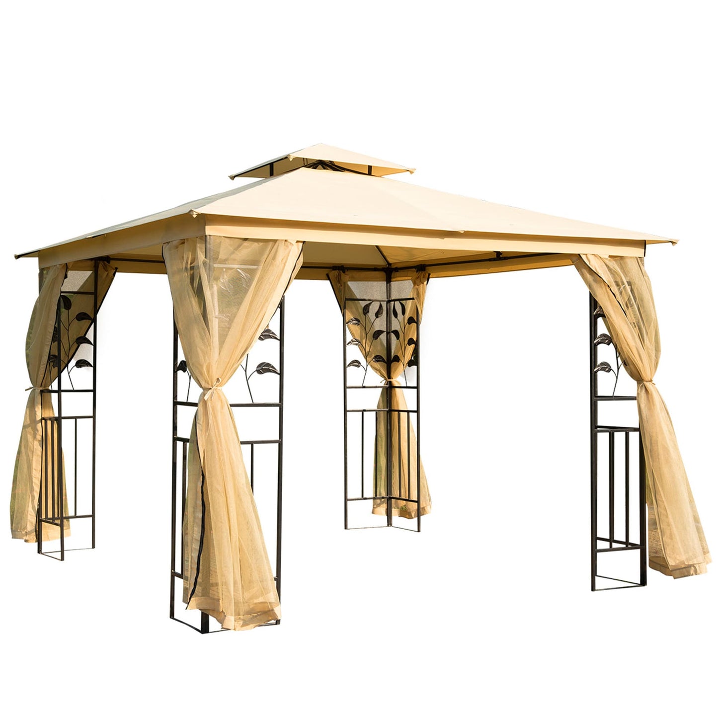 LOVMOR 10FT x 10FT Metal Patio Gazebo Double Roof Outdoor Gazebo Canopy Shelter with Tree Motifs Corner Frame and Netting for Garden Lawn Backyard and Deck Beige