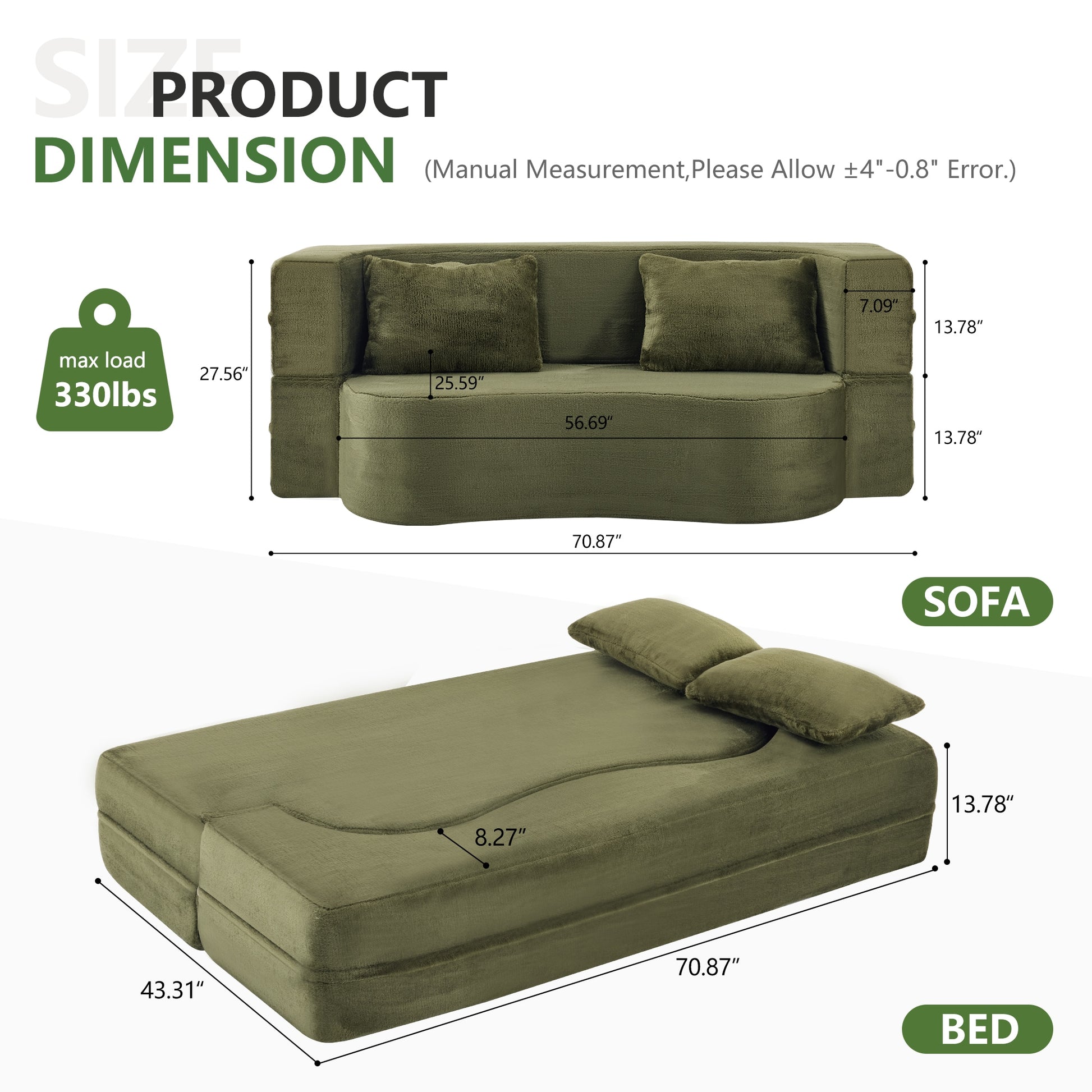 LOVMOR 71 Inch Folding Sofa Bed Plush Futon High Density Foam Convertible Green