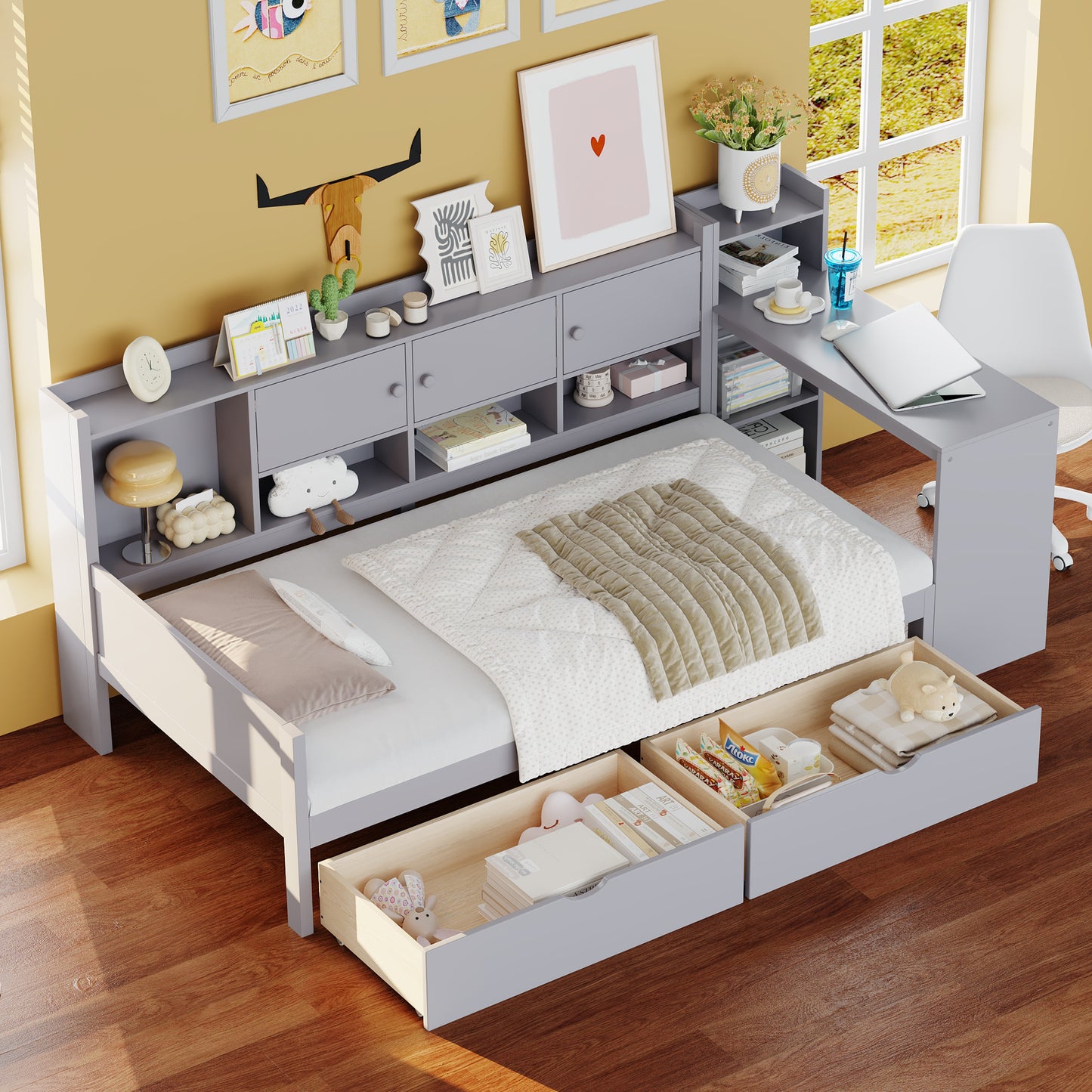 LOVMOR Twin Size Daybed with Storage 3 Cabinets and 2 Drawers Wooden L-Shape Daybed Frame with Study Desk and Built-in Bookshelf Multi-functional Bed for Bedroom Guest Room Gray