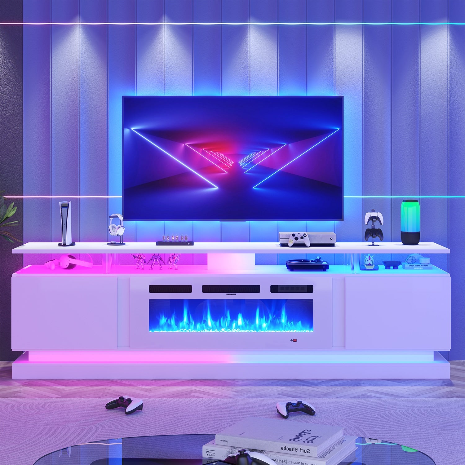 Nordivale  80 inch modern acrylic column fireplace TV stand with 36 inch fireplace media entertainment center fits TVs up to 90 inches with a storage media cabinet ideal for living room White