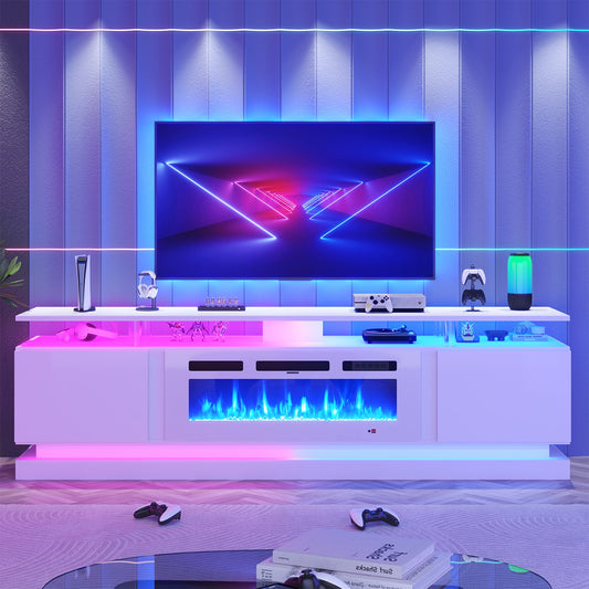 Nordivale  80 inch modern acrylic column fireplace TV stand with 36 inch fireplace media entertainment center fits TVs up to 90 inches with a storage media cabinet ideal for living room White