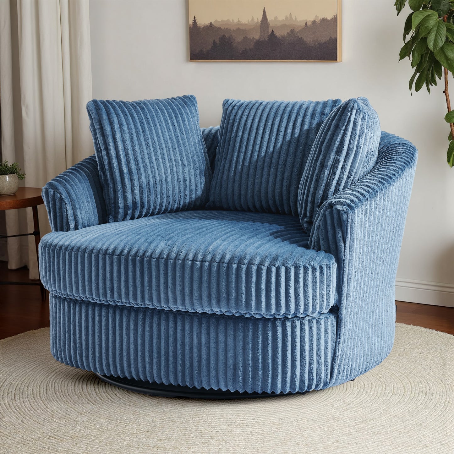 Dreamsidea Oversized Swivel Barrel Chair - Faux Rabbit Fur with Three Pillows