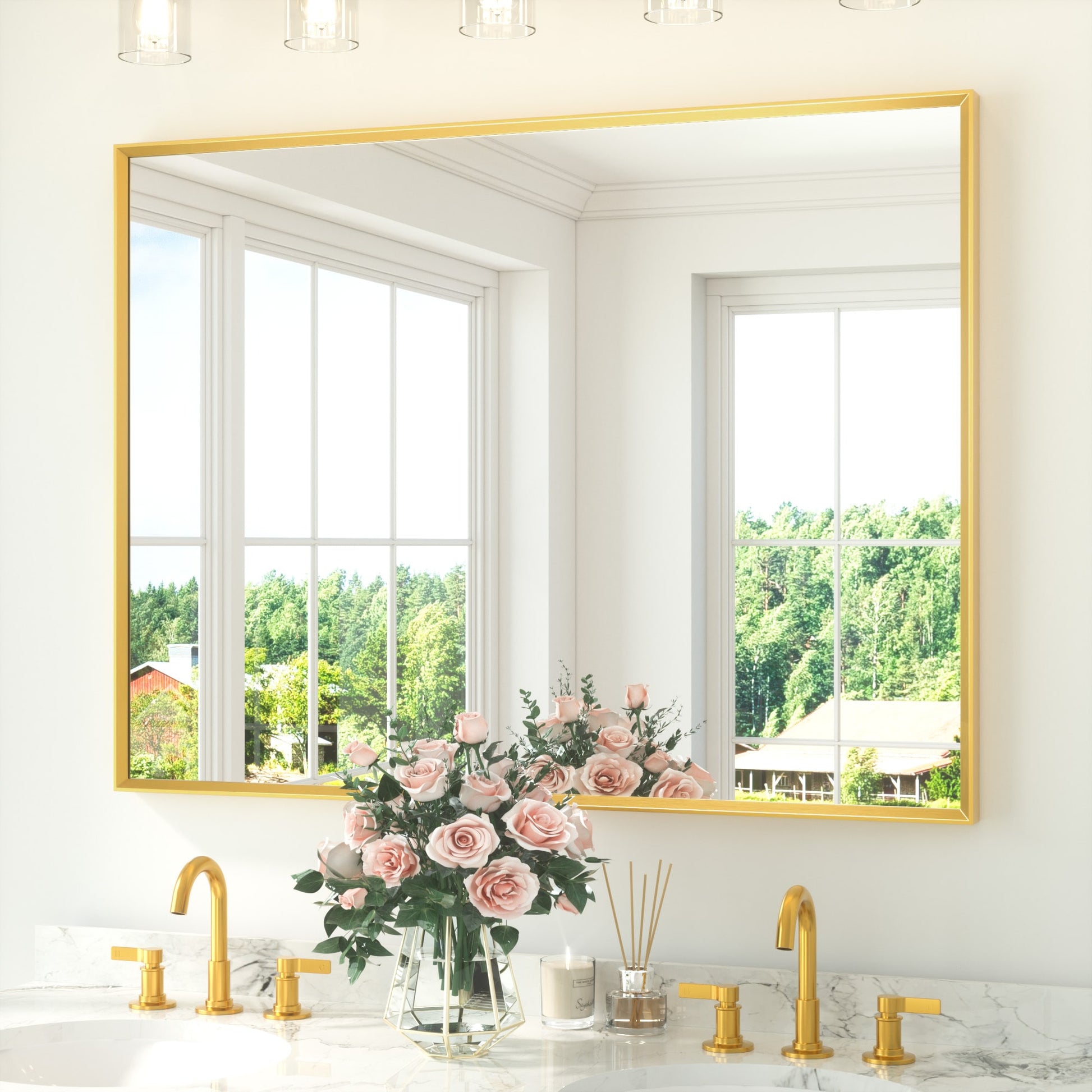 TETOTE 48x36 Inch Brushed Gold Rectangle Beveled Framed Bathroom Vanity Mirror