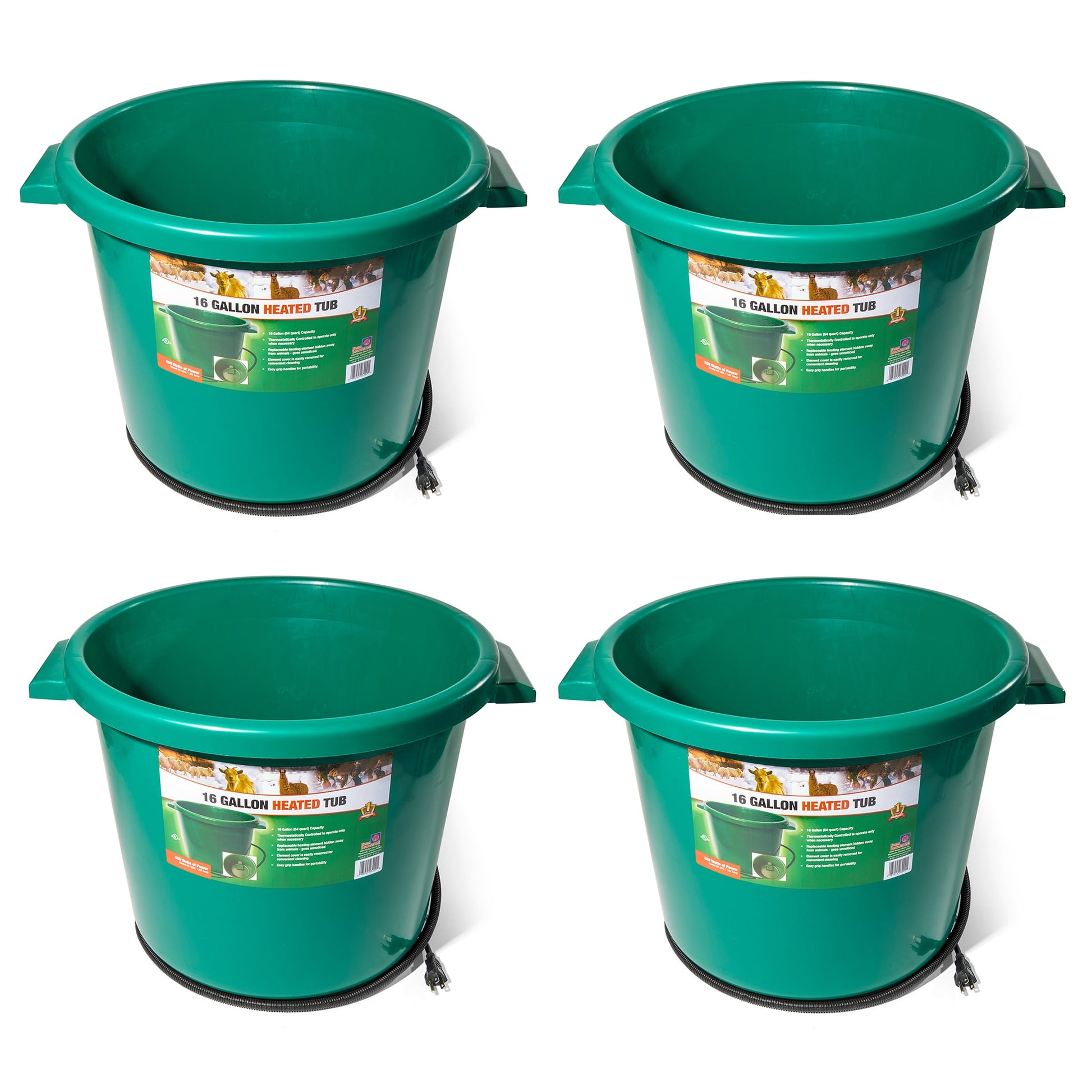 Farm Innovators  16 Gallon Plastic Heated Animal Water Bucket Tub Green (4 Pack)