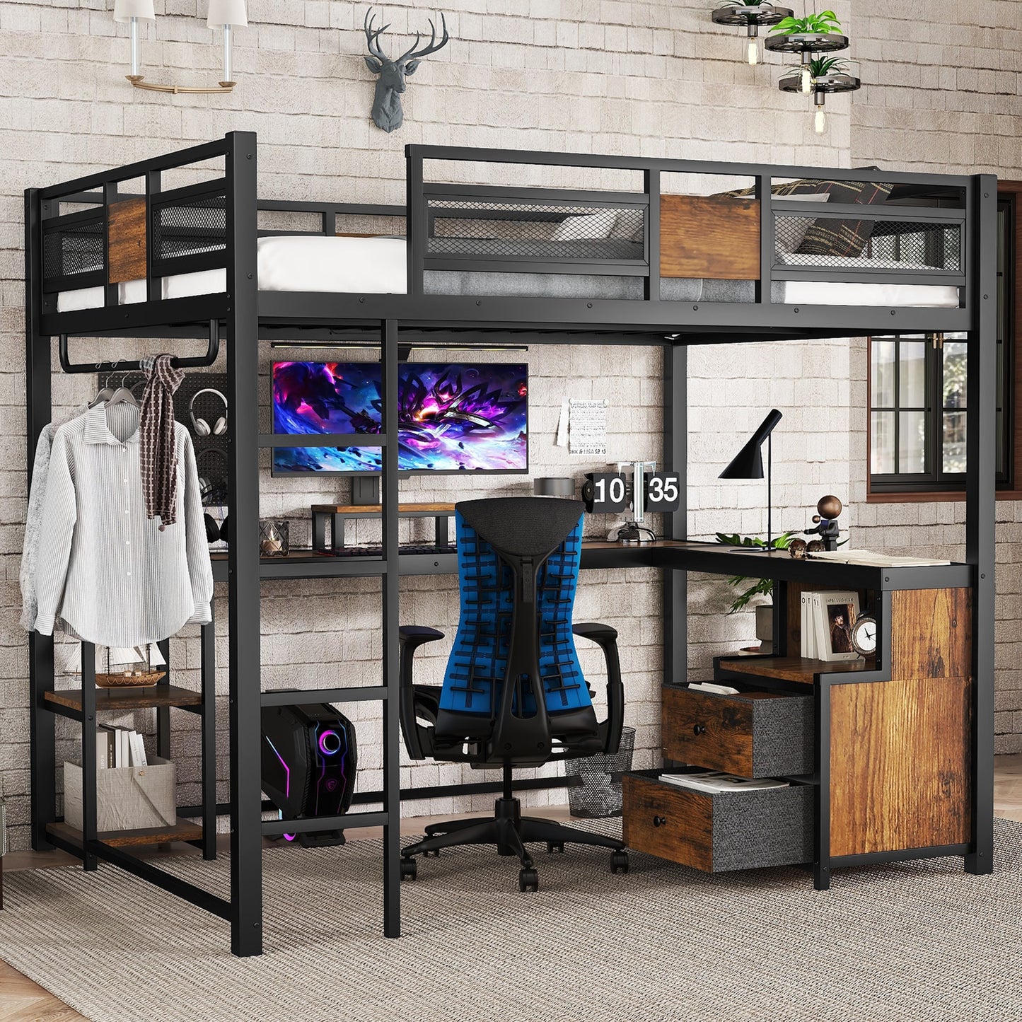LOVMOR Queen Loft Bed with Desk and Storage Non-woven Fabric Drawers Metal Loft Bed Frame with Ladders Nosie-free and No Spring Box Needed Black