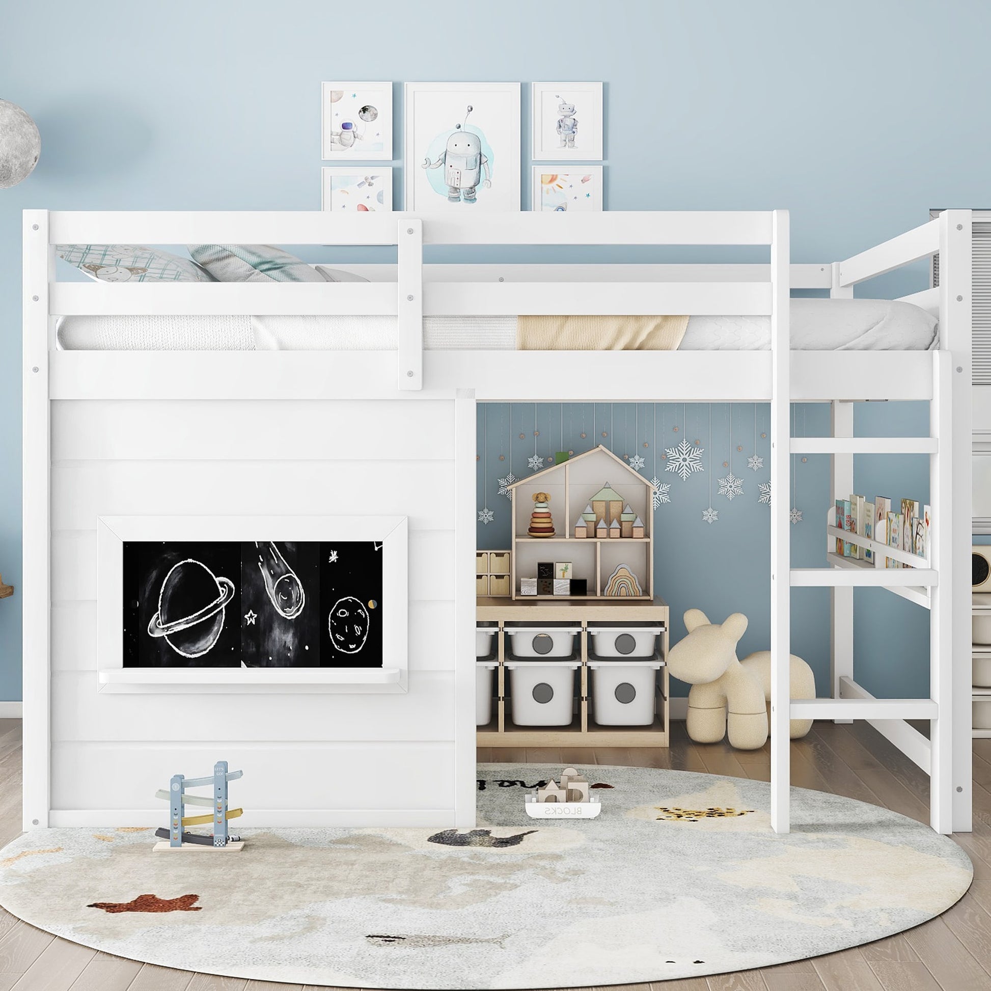 LOVMOR Full Size loft bed with a playful sliding chalkboard built-in bookshelf and high-quality safety rails White
