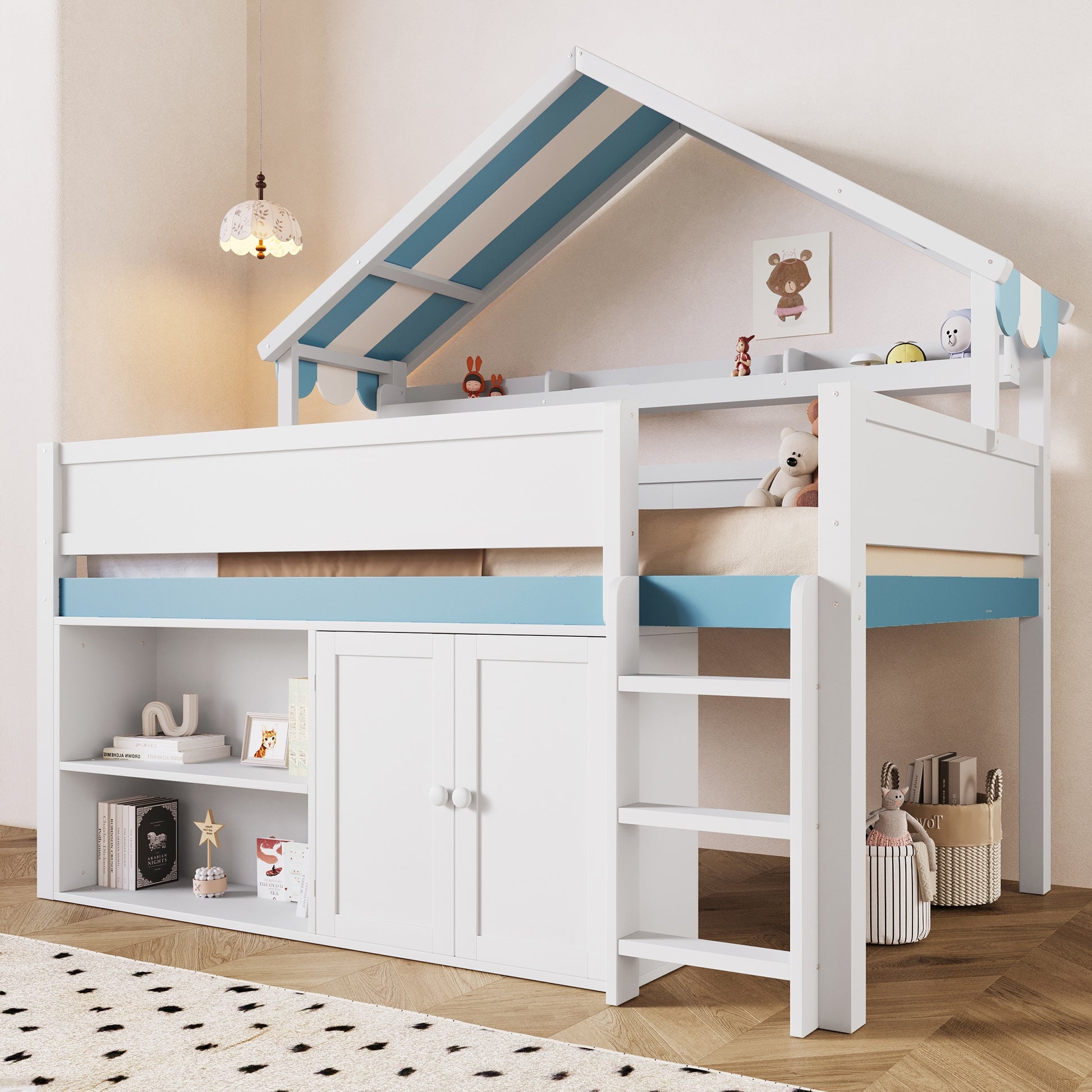 LOVMOR Full Size Loft Bed with Canopy Roof and Storage Cabinet White and Blue(ETA:12.08)