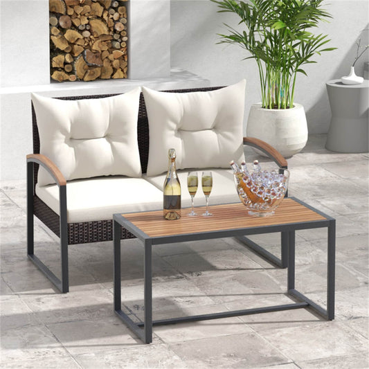 BABOOM 2 Pieces Patio PE Wicker Furniture Set with Acacia Wood Coffee Table