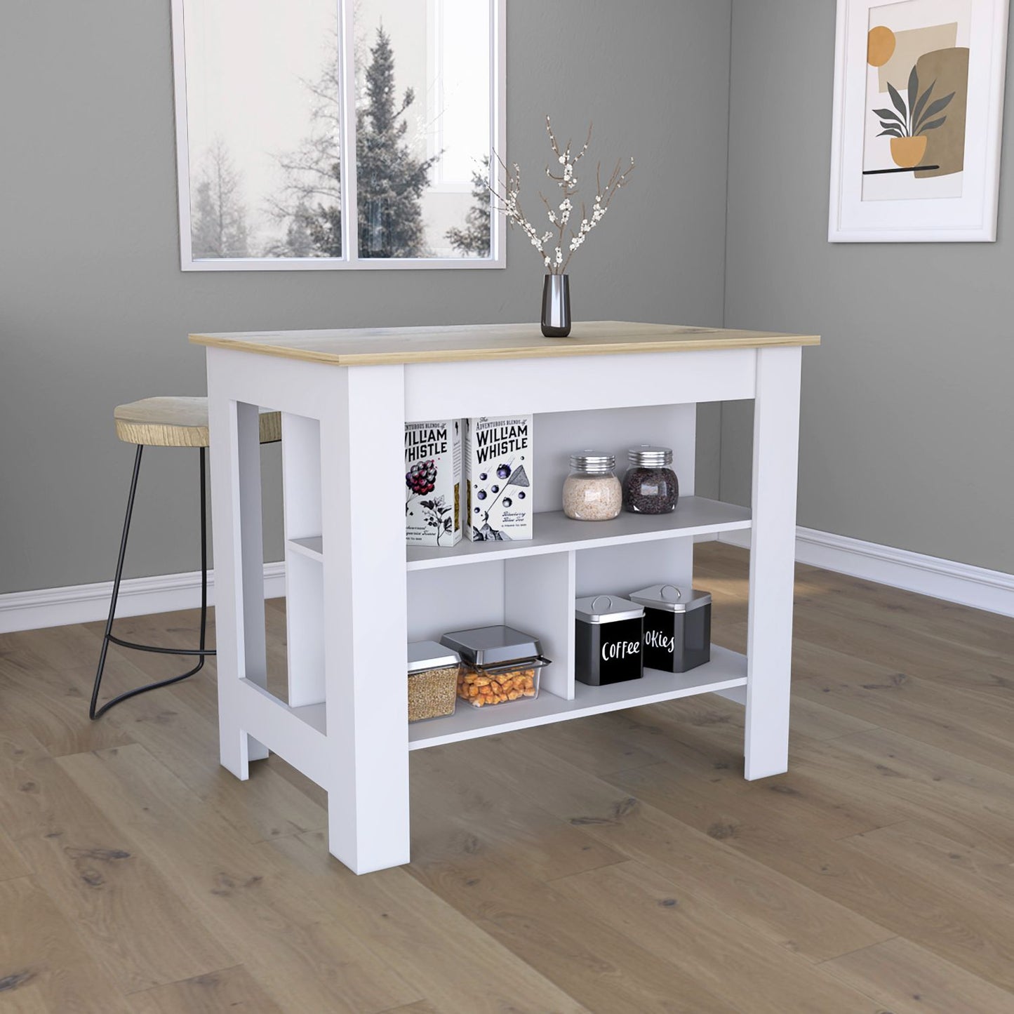 LOVMOR Kitchen Island 35 H Four Legs Three Open Storage Shelves White Light Oak