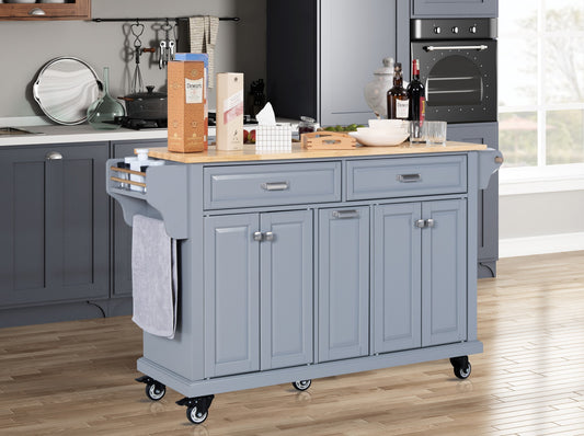 LOVMOR Kitchen Island Rubber Wood Top 5 Wheels Storage Cabinet 3 Drawers Dinning Room Grey