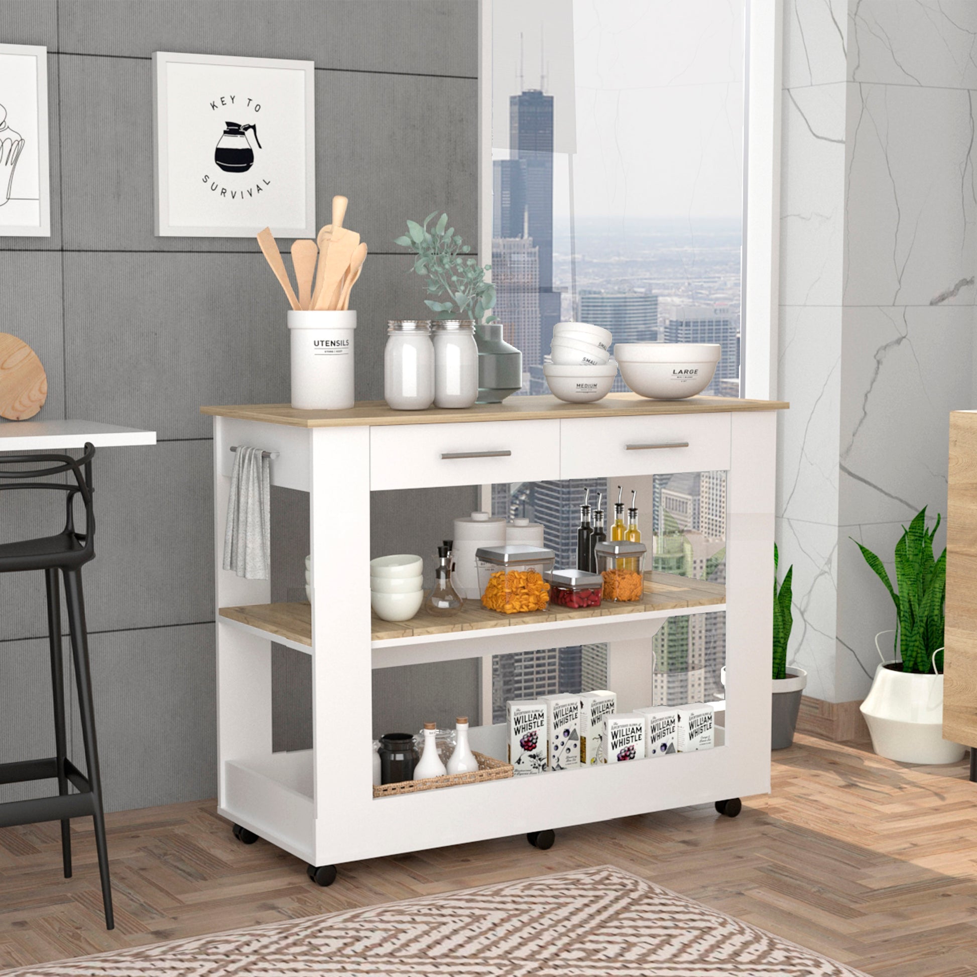 LOVMOR Cala Kitchen Island 46 Six Casters Two Drawers Lower Open Shelf White Light Oak