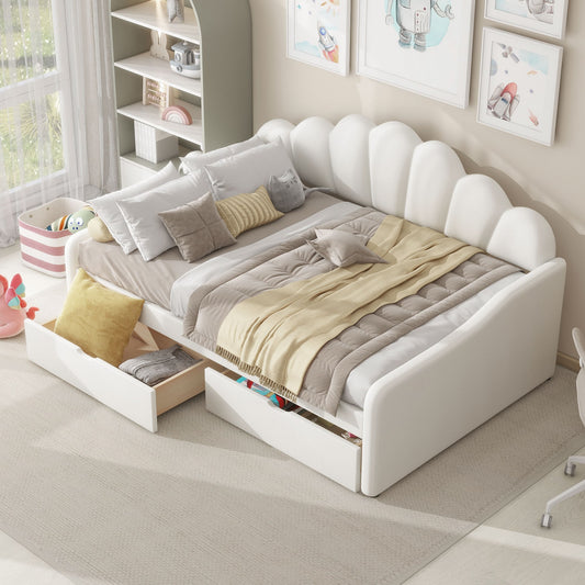 ModernLuxe Full Size Upholstery Daybed Frame with Shall Shaped Backrest and 2 Drawers  Beige