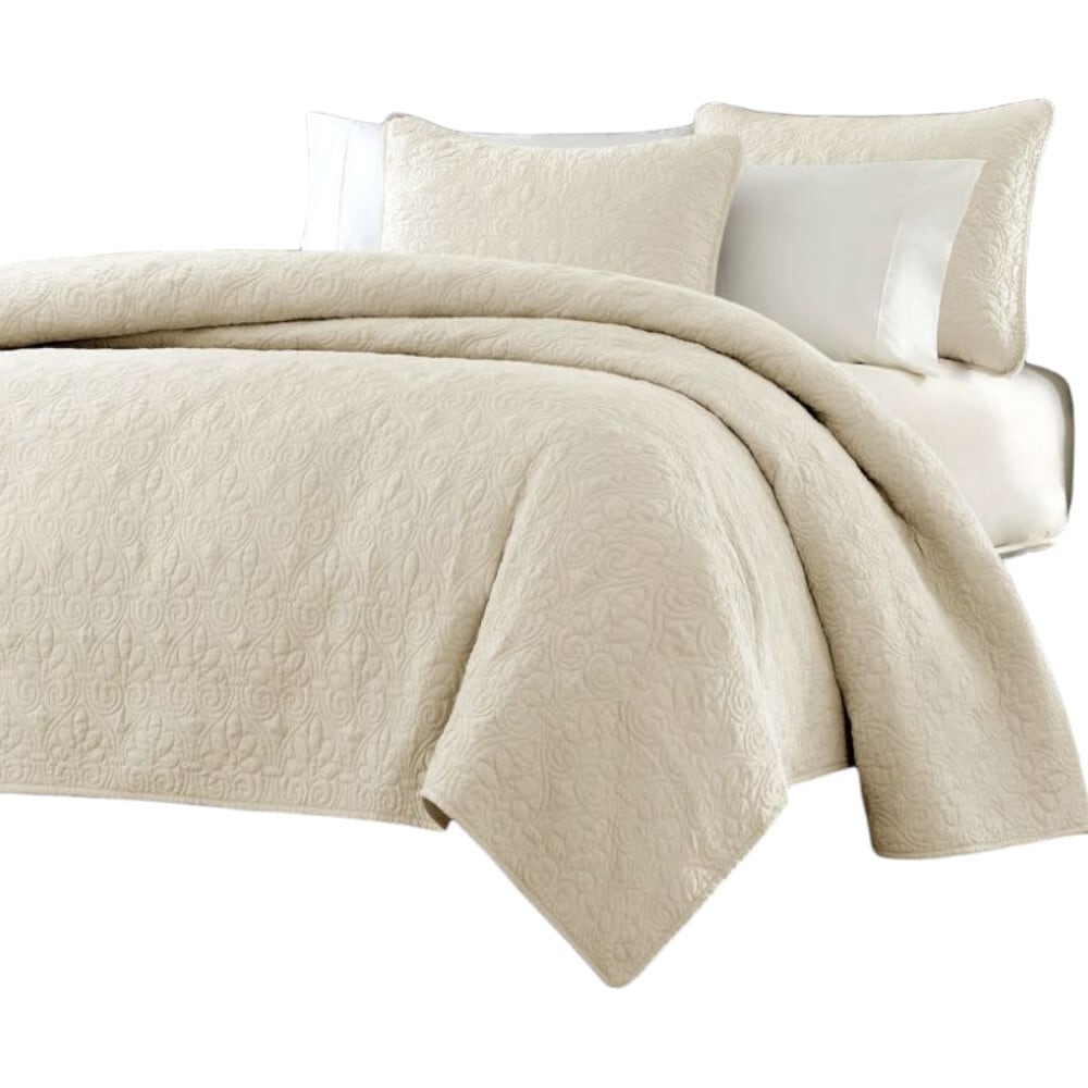 Slickblue Reversible 3-Piece Full/Queen Quilt Set - Soft Brushed Fabric and Prewashed set for Bedroom or Guest Room - Khaki/Ivory