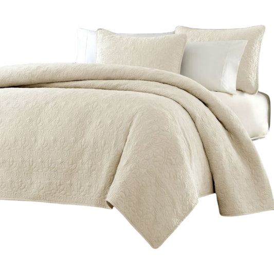 Slickblue Reversible 3-Piece Full/Queen Quilt Set - Soft Brushed Fabric and Prewashed set for Bedroom or Guest Room - Khaki/Ivory