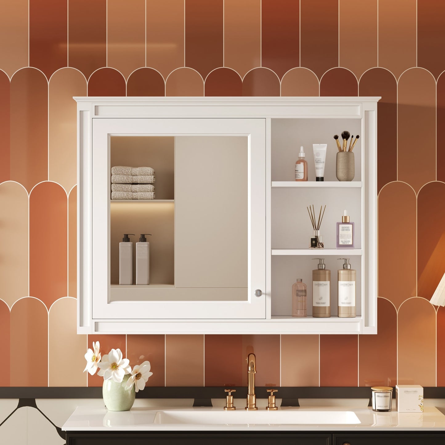 AAZJ Bathroom Medicine Cabinet with Mirror 36-in x 28-in Surface Mount White Mirrored Rectangle Soft Close Medicine Cabinet