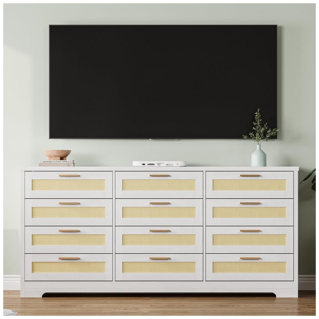 Garvee 12 Drawer Dresser for Bedroom Modern Farmhouse Rattan Chest of Drawers with Handles Wood Dresser for Closet