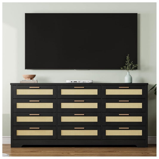 Garvee 12 Drawer Dresser for Bedroom Modern Rattan Chest of Drawers Wood Storage Organizer with Rattan Panel Drawers and Handles for Nursery Entryway Living Room-Black