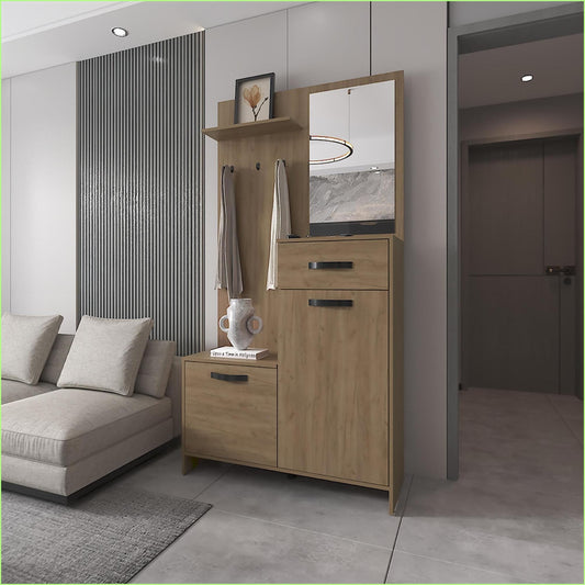 SunJet Coat Rack with Mirror Multistorage Modern Natural Oak Hall Tree Particle Board Primary Living Space