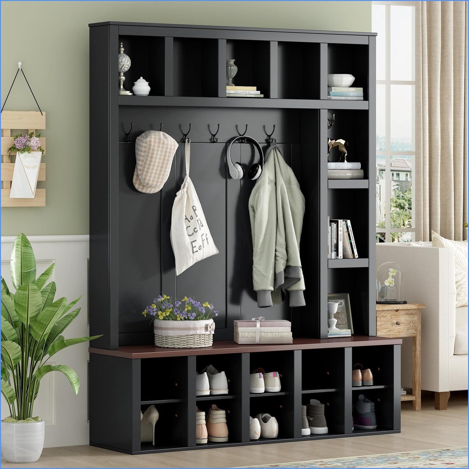 SunJet Hall Tree 4in1 Farmhouse Style with 6 Hooks 13 Cubbies Adjustable Shelves BlackWalnut Black Dark Walnut Primary