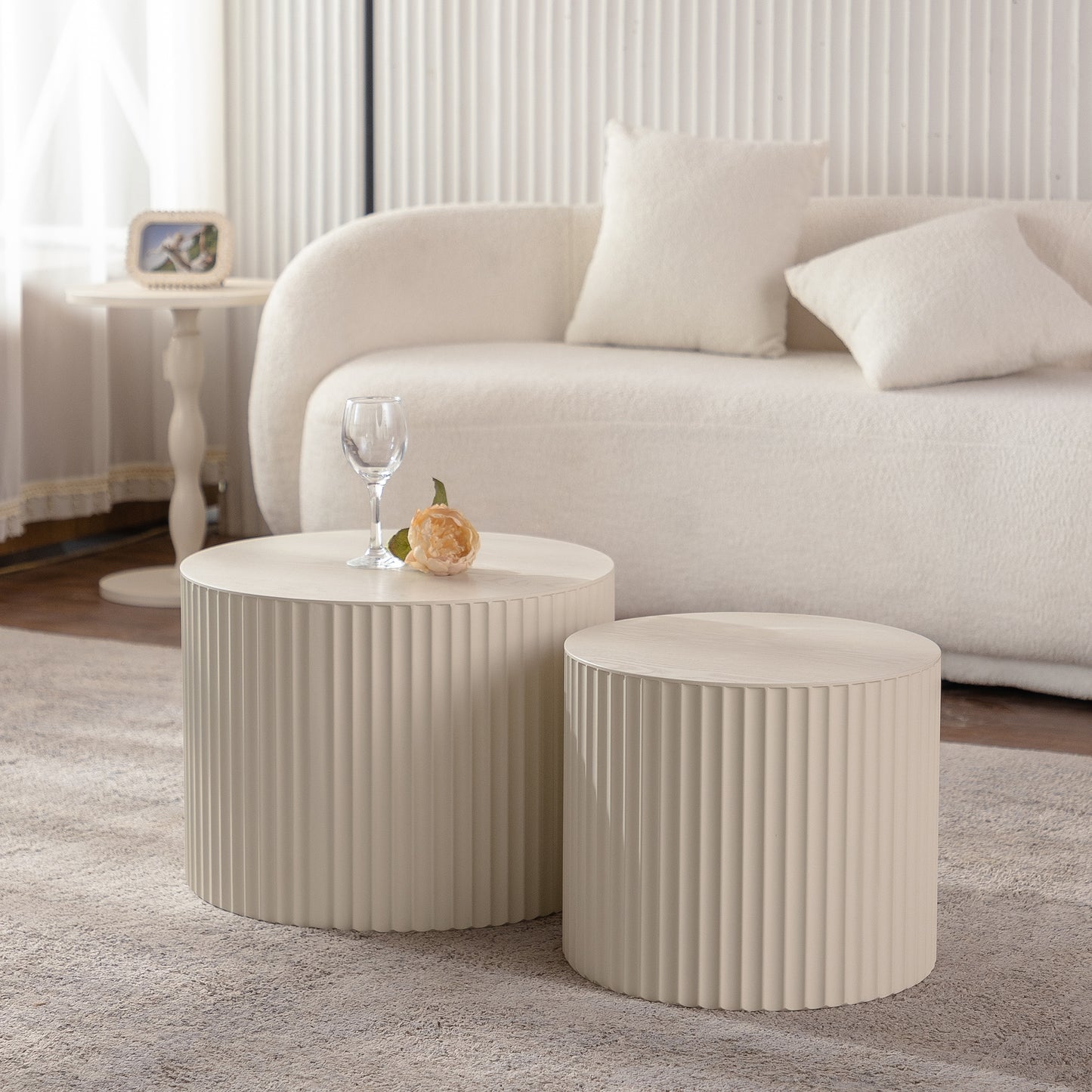 LOVMOR Beige Nesting Coffee Table Set Of 2 Modern Drum Side Table End Table Wave Stripe Round Coffee Table For Living Room