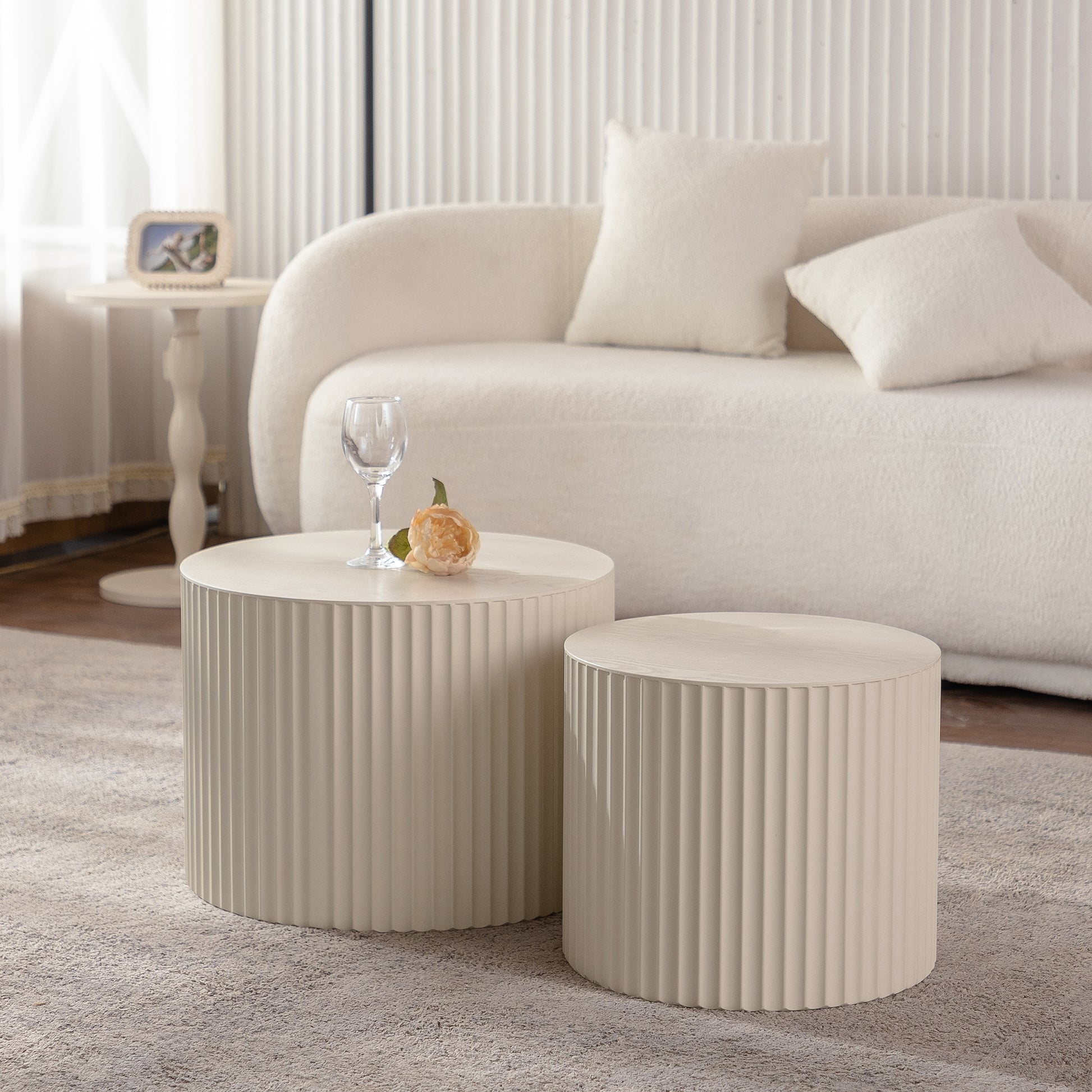 LOVMOR Beige Nesting Coffee Table Set Of 2 Modern Drum Side Table End Table Wave Stripe Round Coffee Table For Living Room