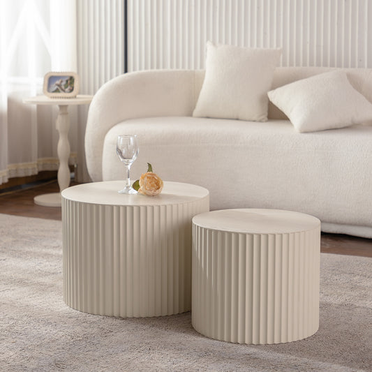 LOVMOR Beige Nesting Coffee Table Set Of 2 Modern Drum Side Table End Table Wave Stripe Round Coffee Table For Living Room