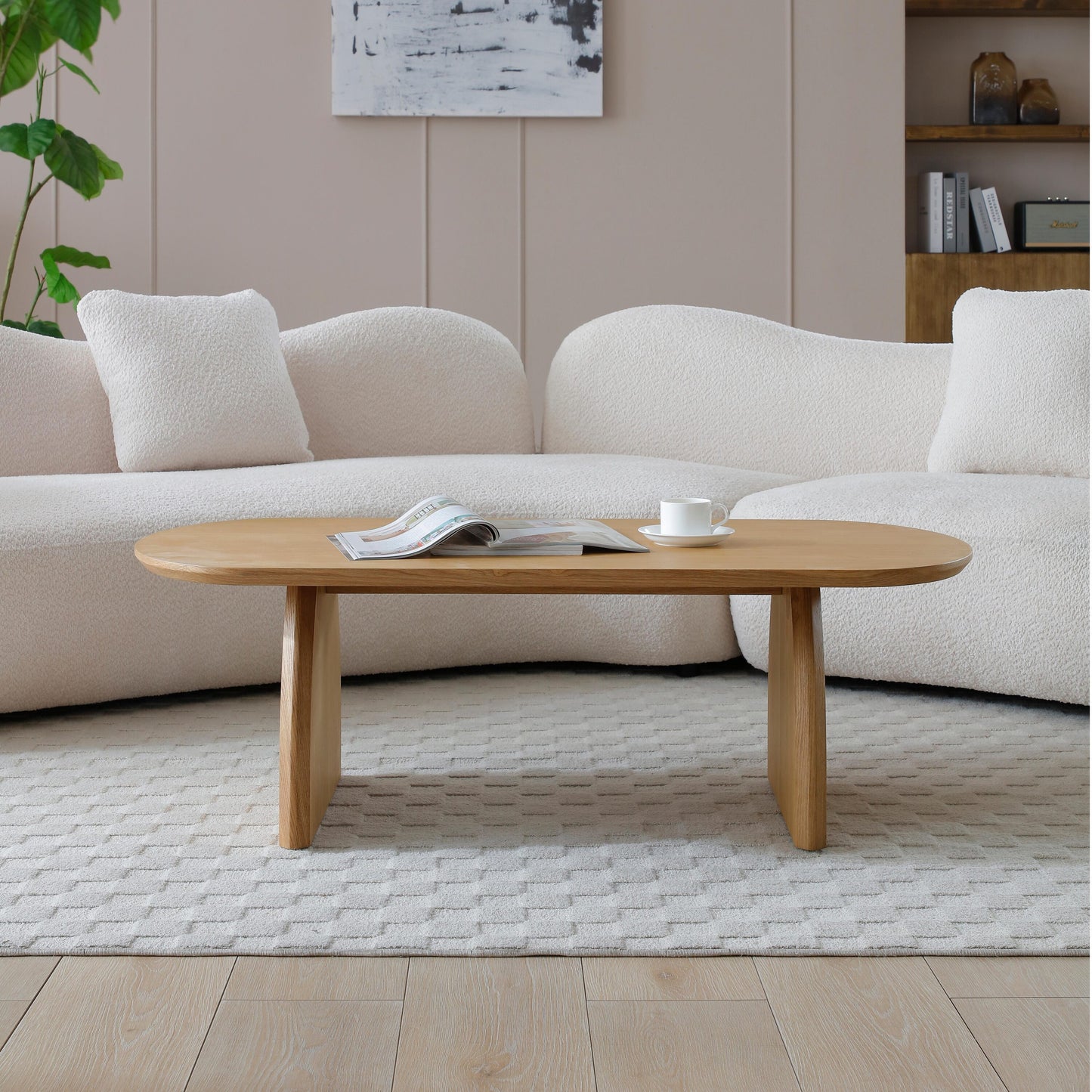 LOVMOR 47 Inch Oval Coffee Table With Solid Wood Veneered Modern Natural Solid Wooden Color Center Table Accent Tea Table For Living Room Apartment Small Space Office Easy Assembly