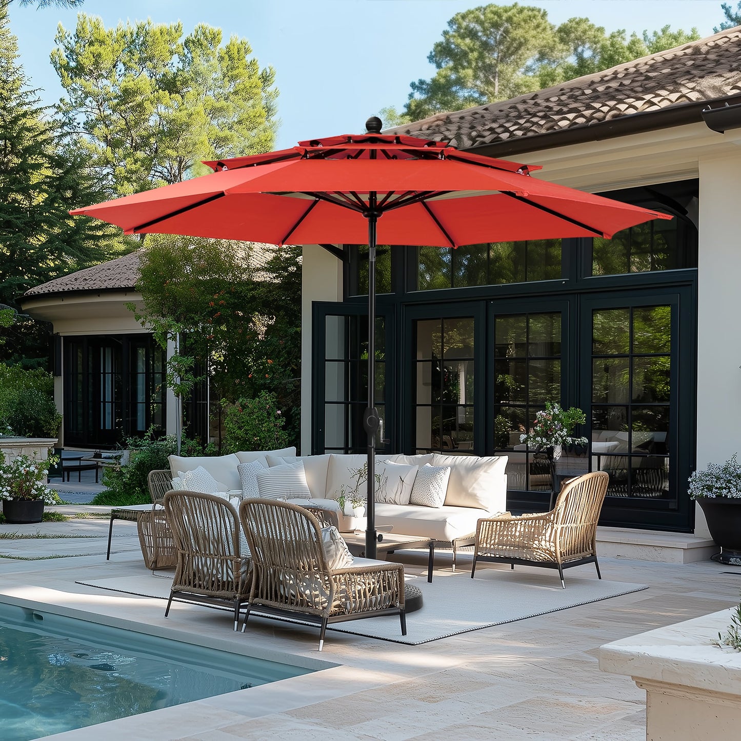 Sunshine Valley 10-ft Aluminum Red Auto-tilt Market Patio Umbrella