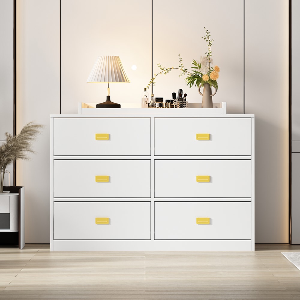   White 6-Drawer Storage Chest Dresser with Gold Handles and Raised Backsplash 45.3''L x 18.9''W x 30.1''H