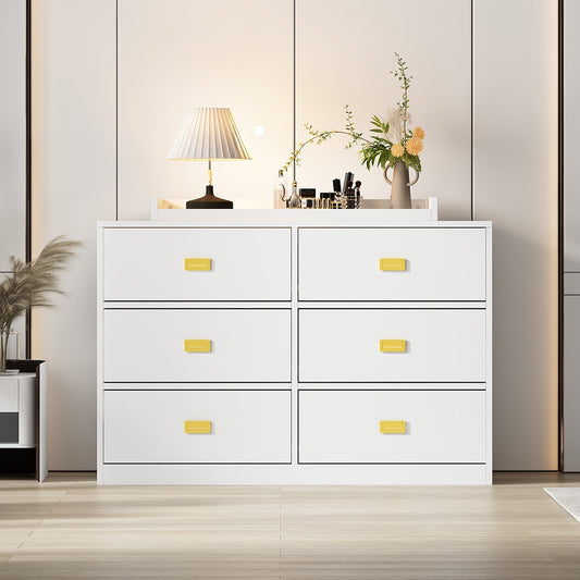   White 6-Drawer Storage Chest Dresser with Gold Handles and Raised Backsplash 45.3''L x 18.9''W x 30.1''H