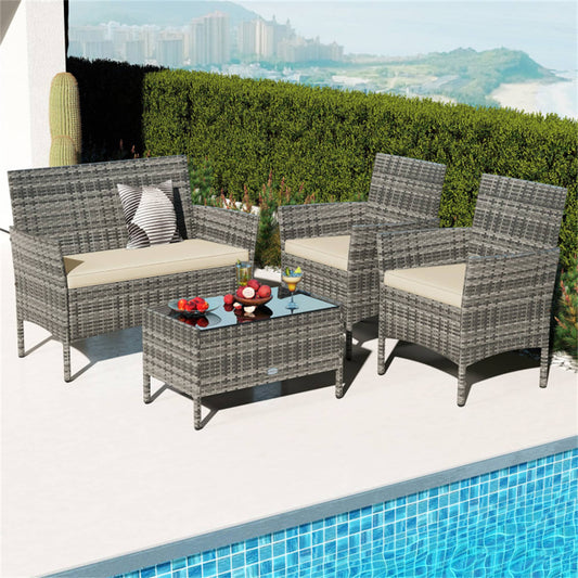BABOOM Patio Rattan Conversation Set with Coffee Table 4 -Piece Rattan Patio Conversation Set with Beige Cushions