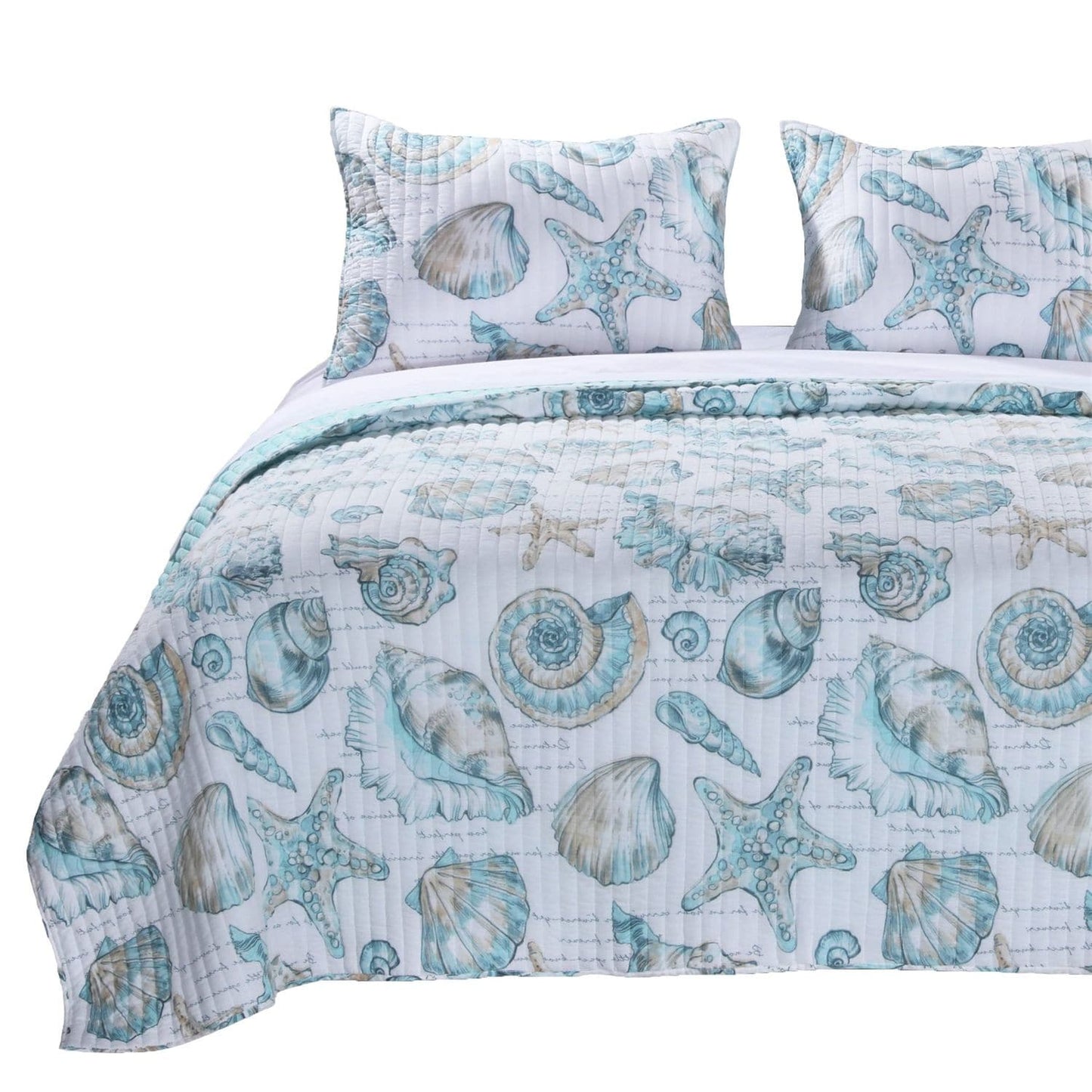 Slickblue Coastal Seashells White Teal Polyester Reversible Quilt Set For Bedroom- Twin/ Full / Queen Sizes