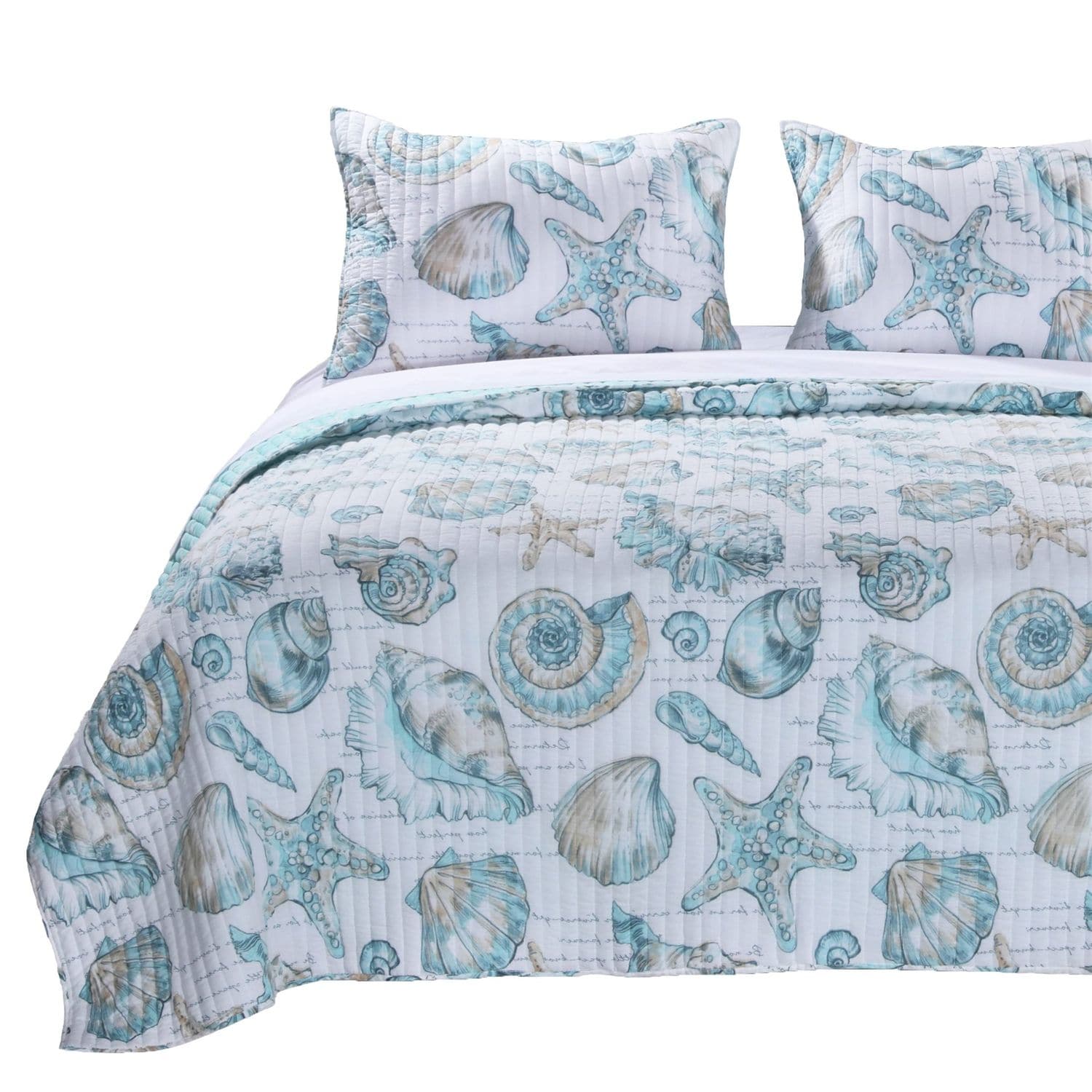 Slickblue Coastal Seashells White Teal Polyester Reversible Quilt Set For Bedroom- Twin/ Full / Queen Sizes