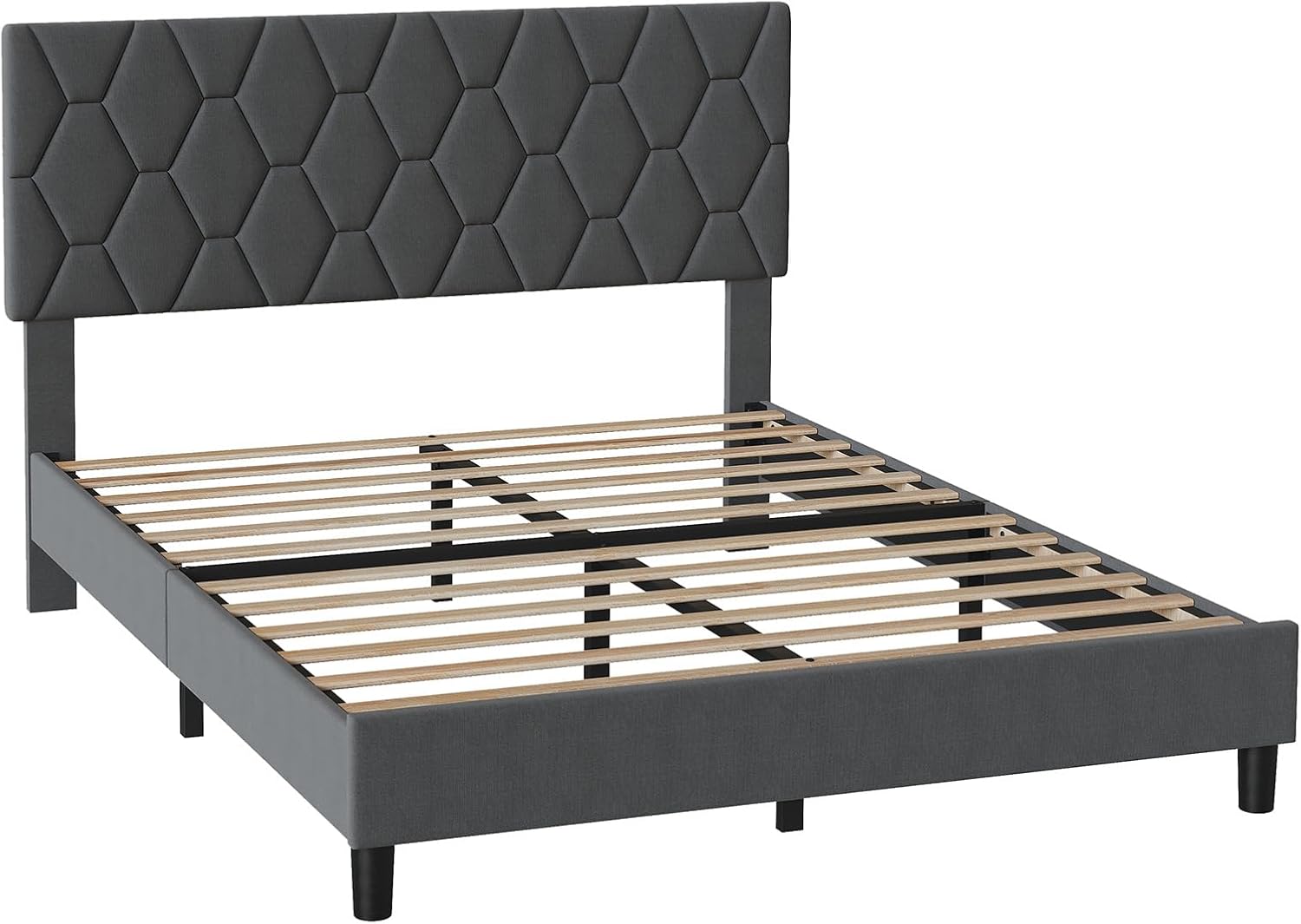 Qeetex King Bed Frame Upholstered Platform Bed Frame with Fabric Headboard Ornate Diamond Design Non-Slip Solid Wood Slats Support Noise Free Easy Assembly Grey