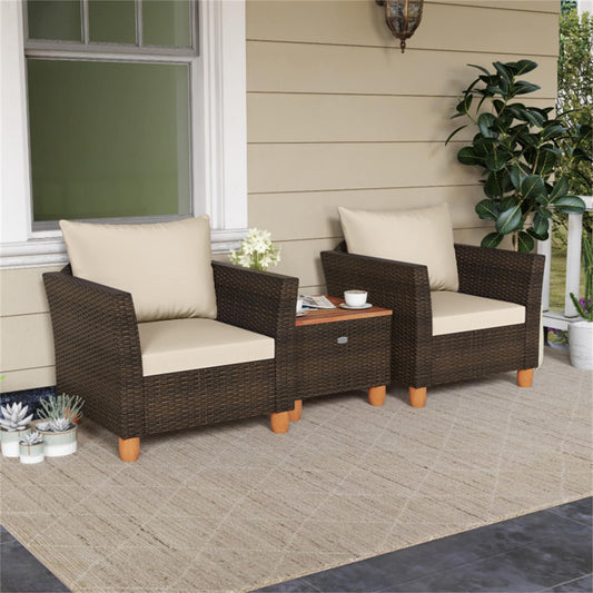 BABOOM Patio PE Rattan Furniture Set with Storage Coffee Table 3 -Piece Rattan Patio Conversation Set with Beige Cushions