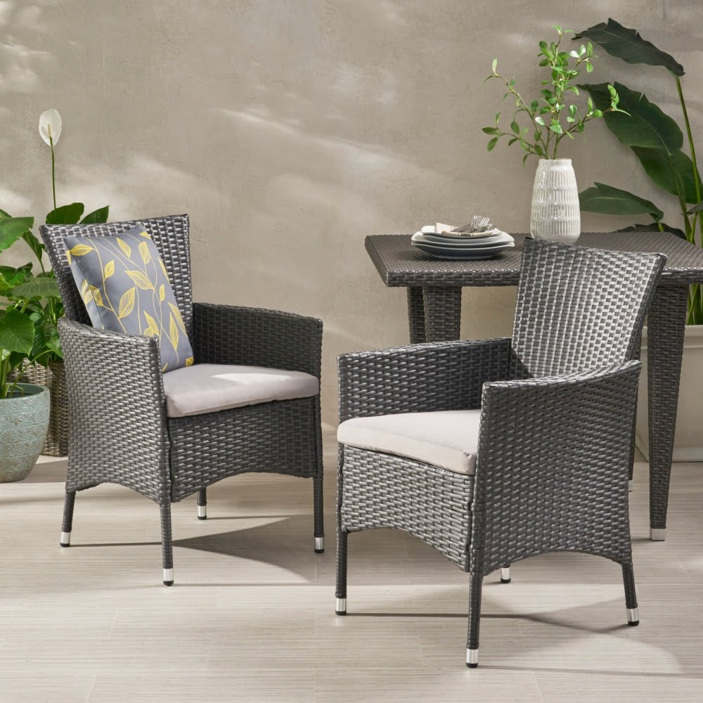 Coolbibila Modern Patio Grey PE Wicker Rattan Woven Dining Chair Set of 2 Porch Balcony Outdoor Cushion Dining Arm Chair 2 Pieces Garden Lounge Chair
