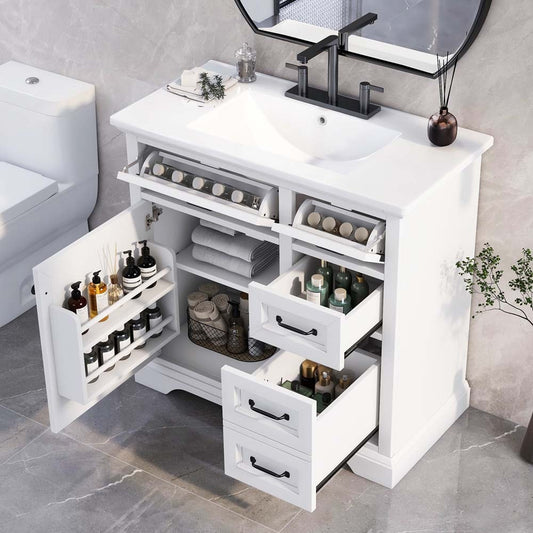 ModernLuxe 36inch Bathroom Vanity with Sink Ceramic Sink 2 Tipout Drawers Soft Close Door Hinges White