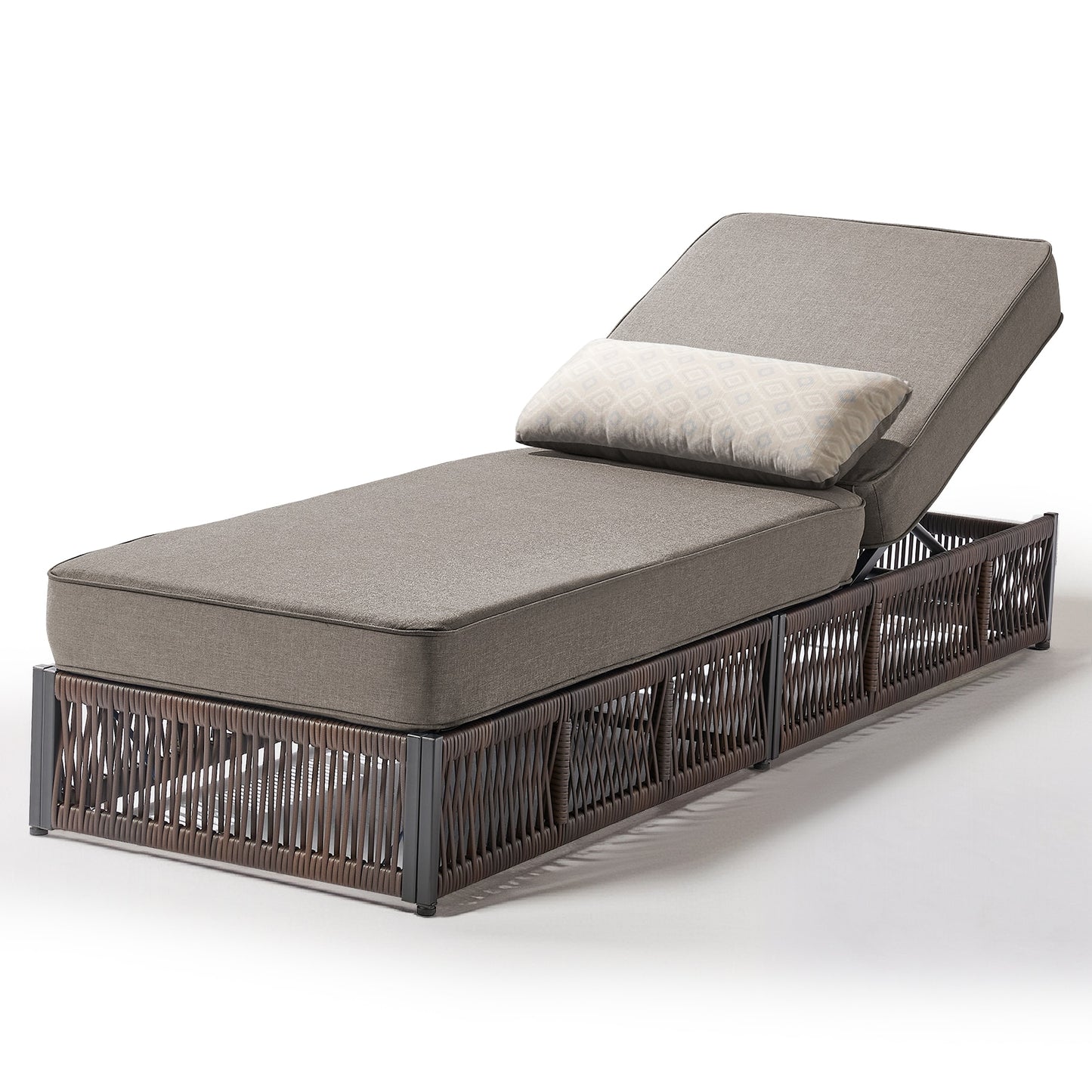 Rilyson Wicker Brown Steel Frame Stationary Chaise Lounge Chair with Gray Cushioned Seat