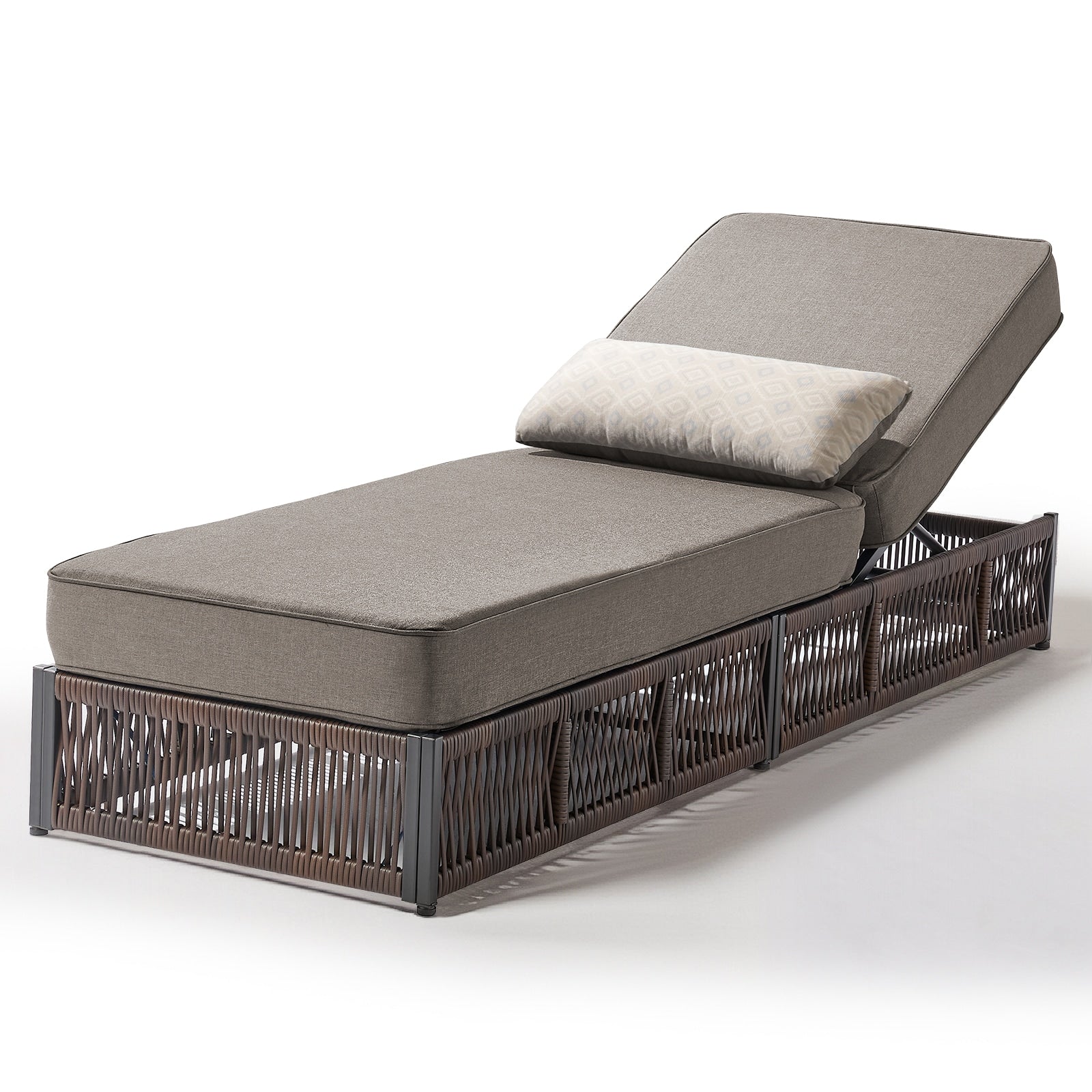 Rilyson Wicker Brown Steel Frame Stationary Chaise Lounge Chair with Gray Cushioned Seat